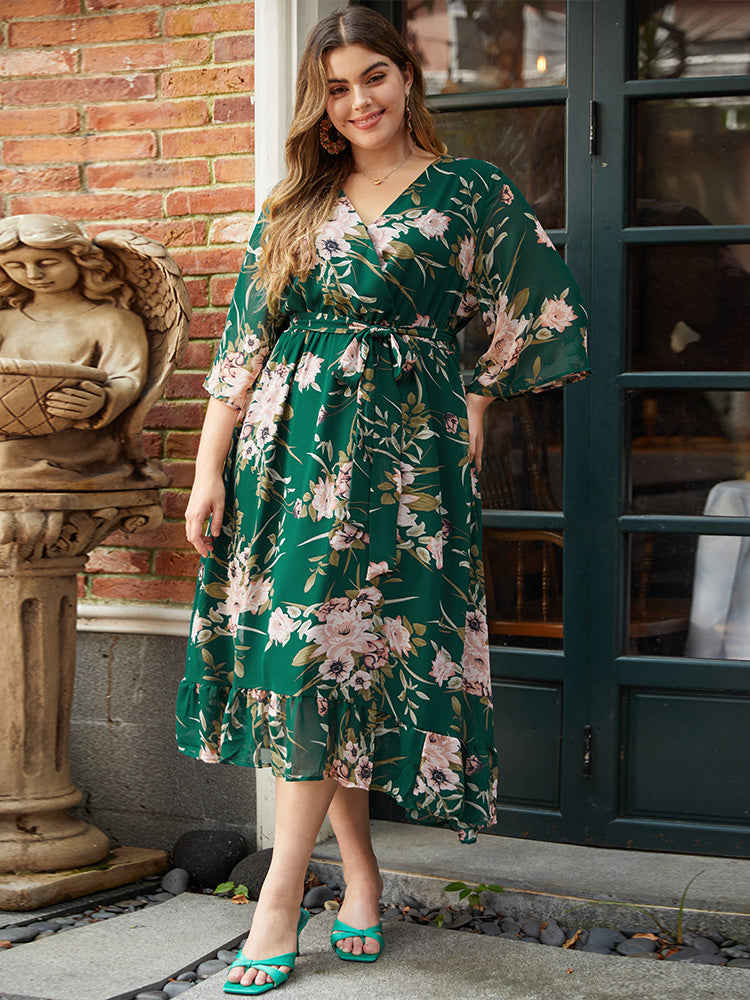 Floral Print Surplice Neck Belted Dress – BloomChic