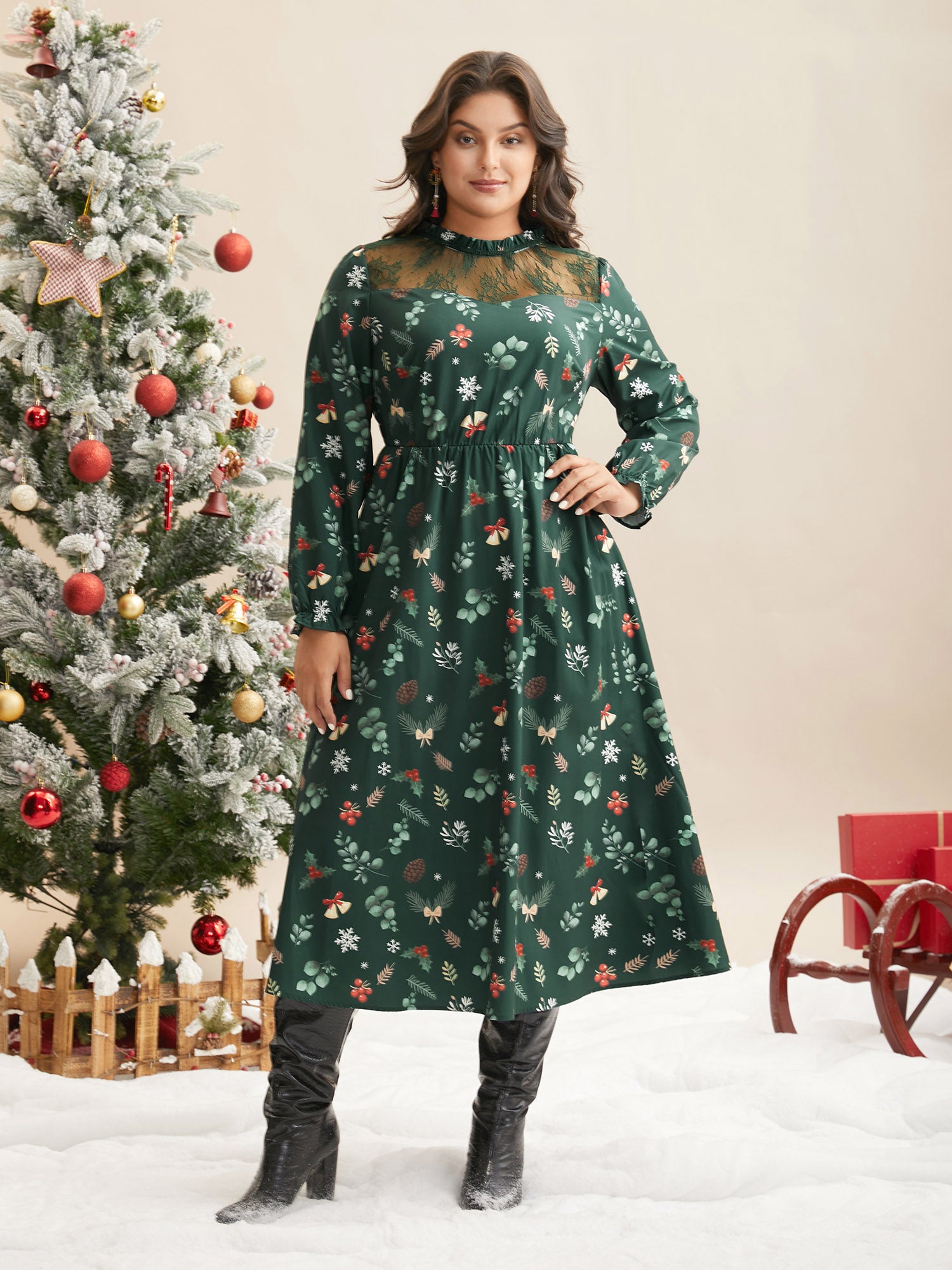 BloomChic Women's Plus Size Lace Trim Sheer Neckline Midi Dress Truegreen 26/4X