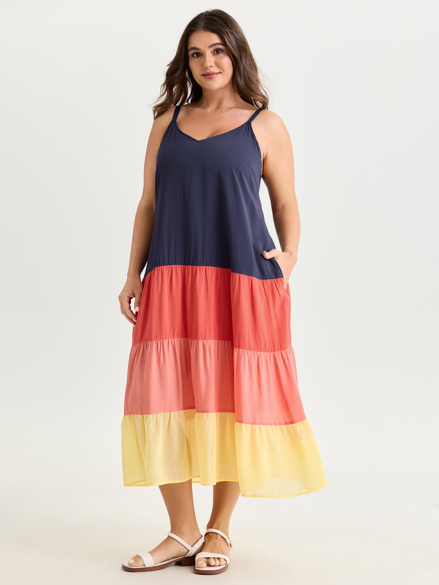 tiered cami midi dress BloomChic Women's Plus Size Colorblock Tiered Pockets Cami Midi Dress Indigo Blue Color Block Maxi Casual 28/5X