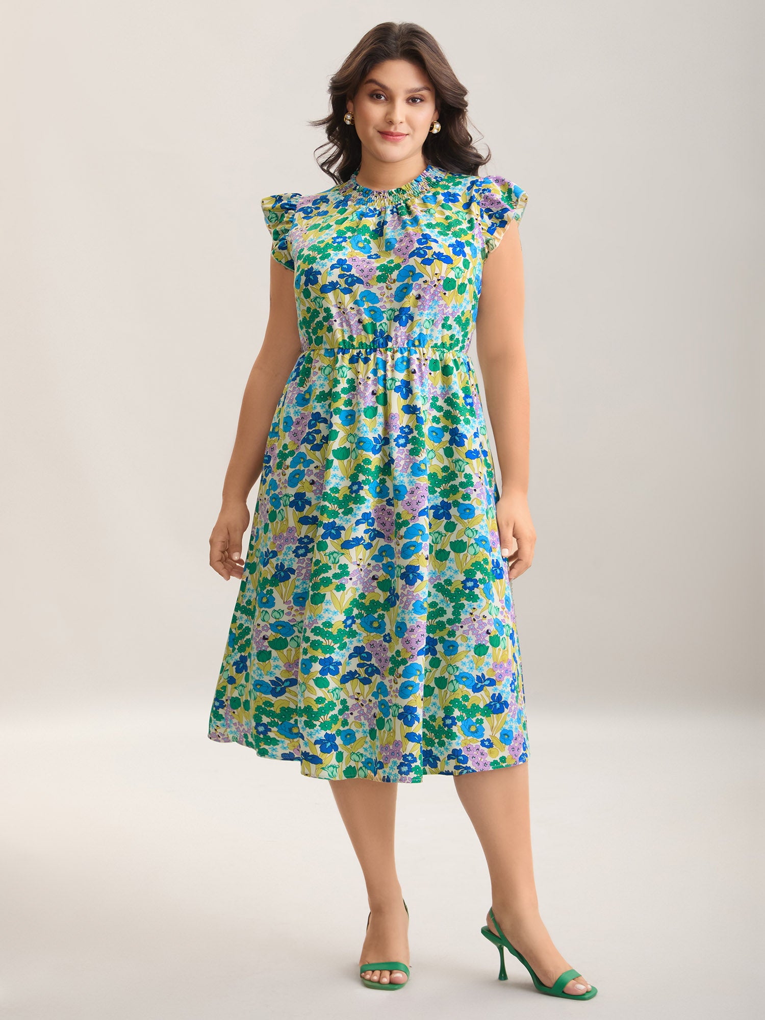 Bold Flower Collar Pockets Midi Dress