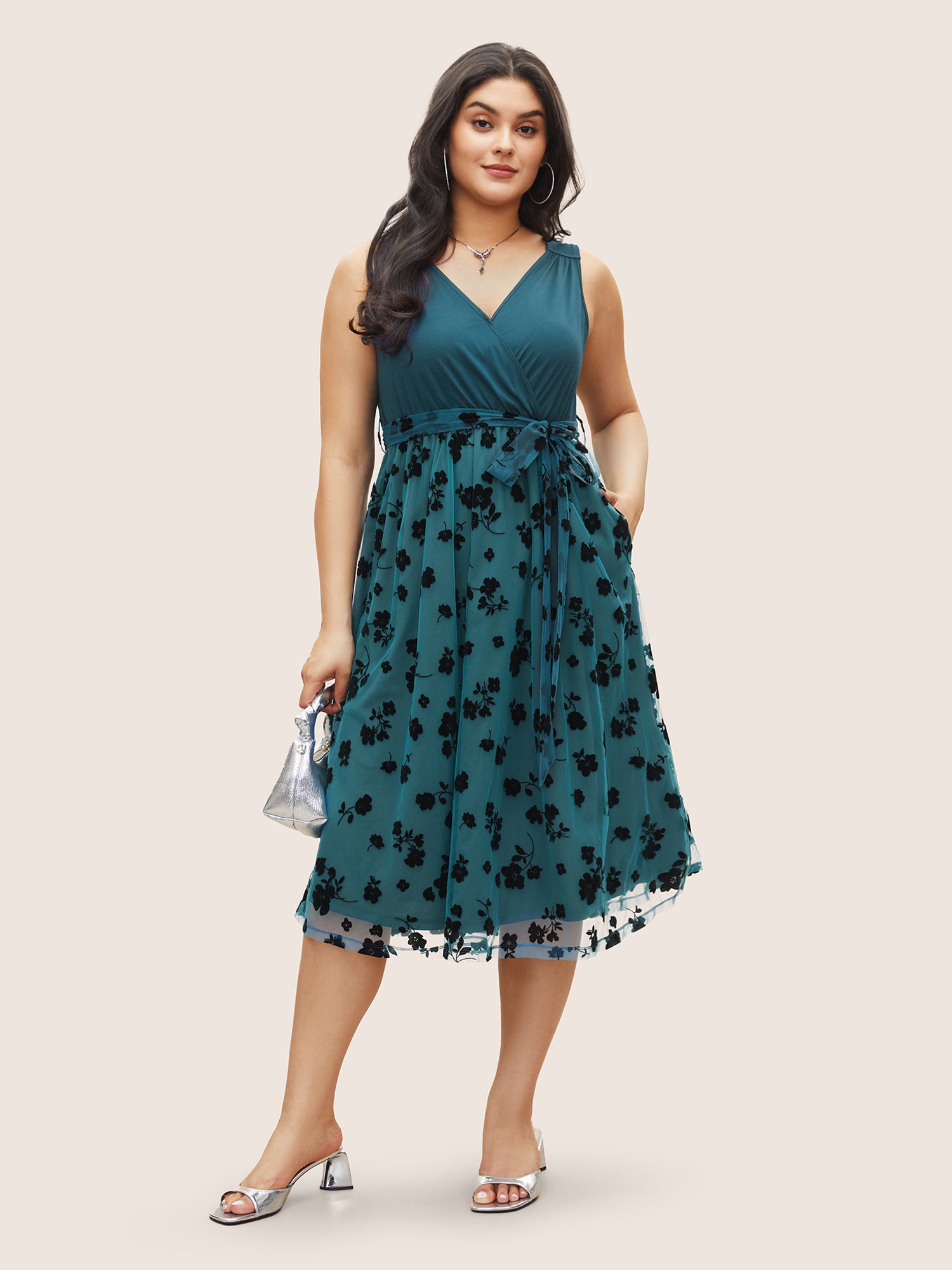 Floral Mesh Patchwork Surplice Neck Tank Dress BloomChic Floral Mesh Patchwork Surplice Neck Tank Dress BloomChic
