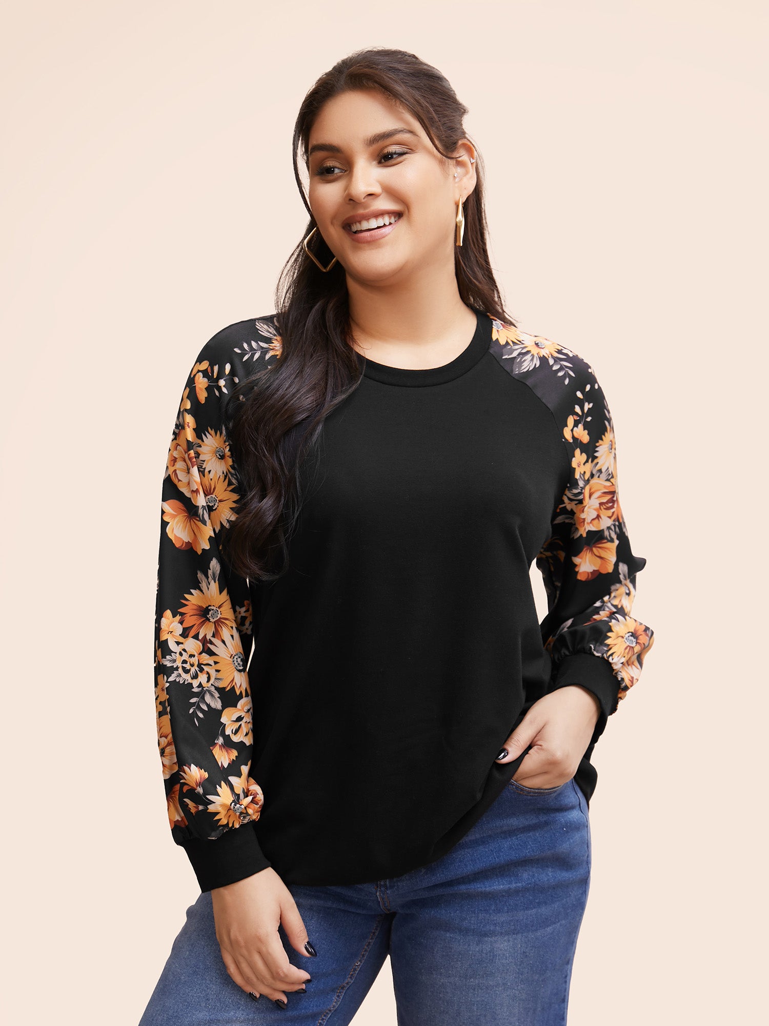 Women Patchwork Raglan Sleeve Pullover Top
