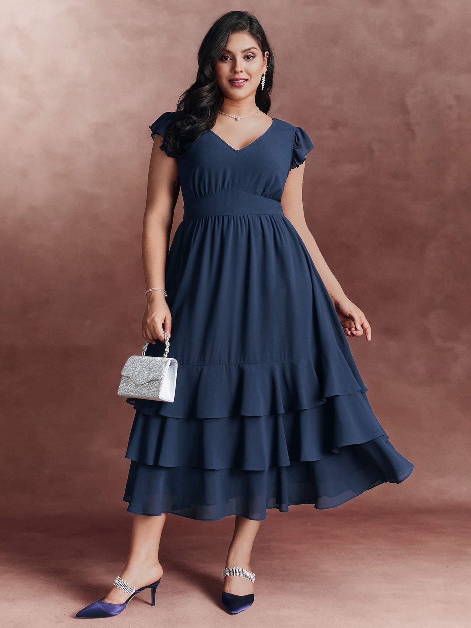 layered hem dress BloomChic Women's Plus Size Backless Tie Flutter Sleeve Maxi Estate Blue Maxi Party Ruffles 18-20/2X Corset mini dress