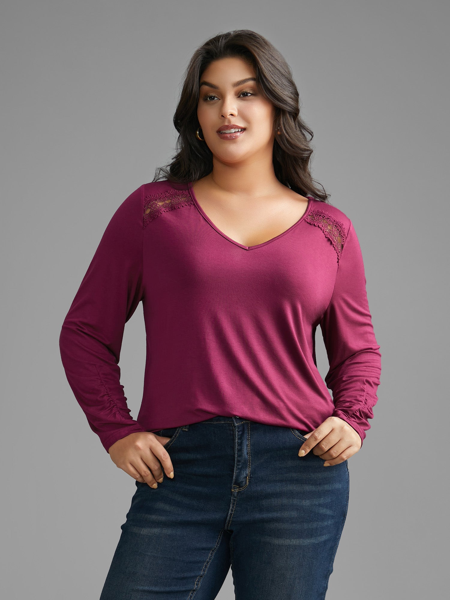 Solid V Neck Lace Patchwork T-shirt