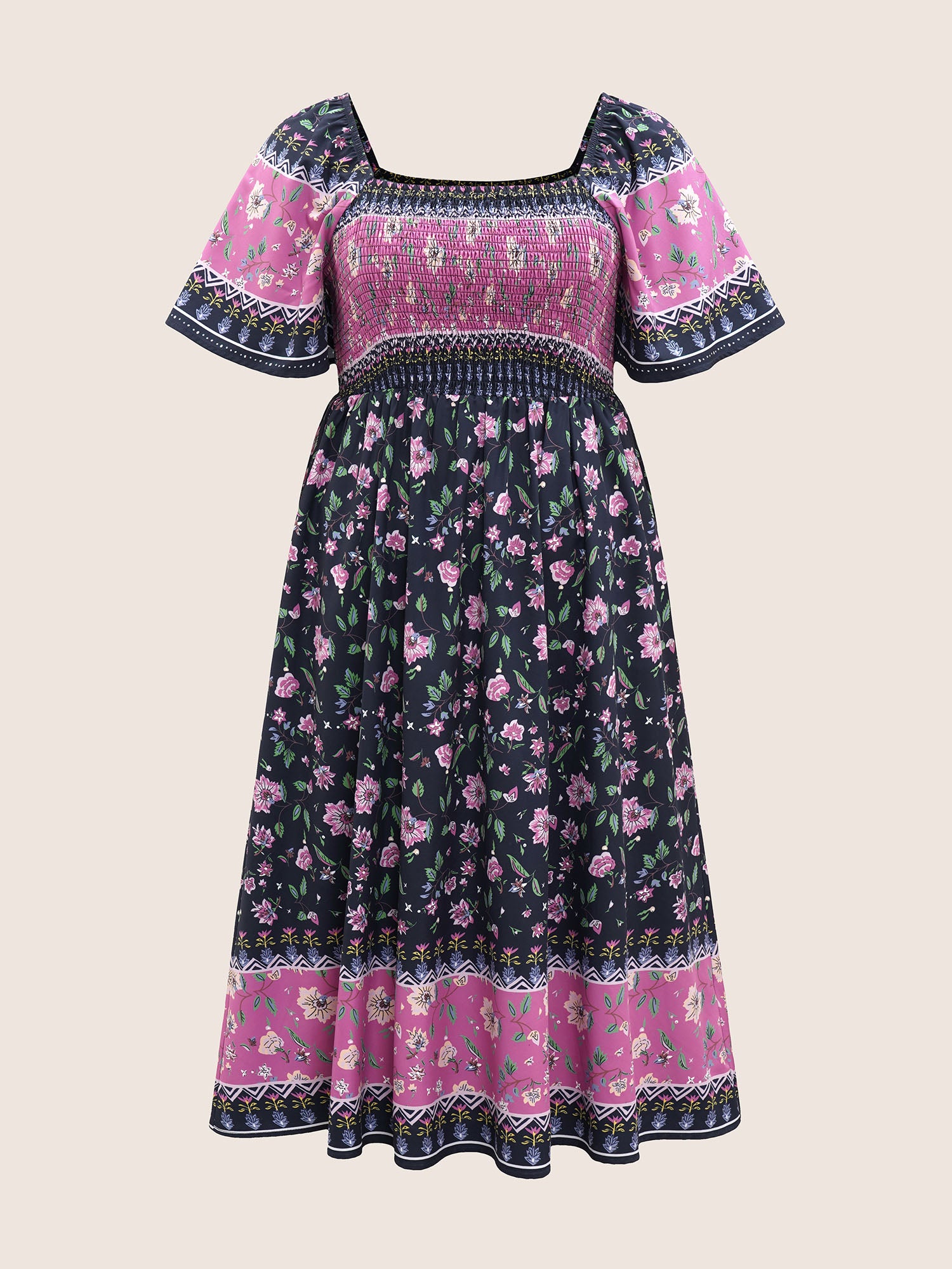 Ditsy Long Sleeve Shirred Midi Dress Blush