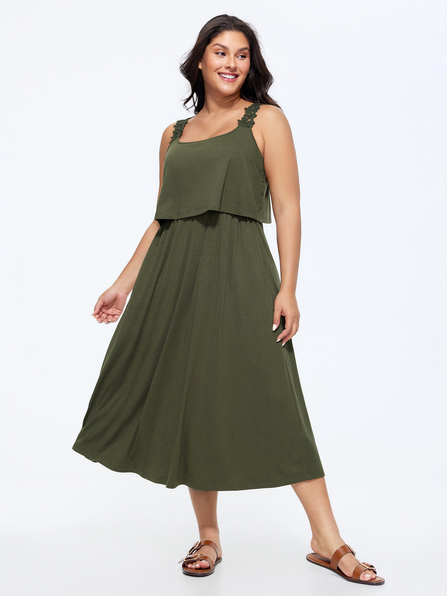 bloomchic dresses BloomChic Women's Plus Size Supersoft Lace Straps Layered Midi Dress ArmyGreen Solid Tunic Casual Lace Trim 14-16/1X
