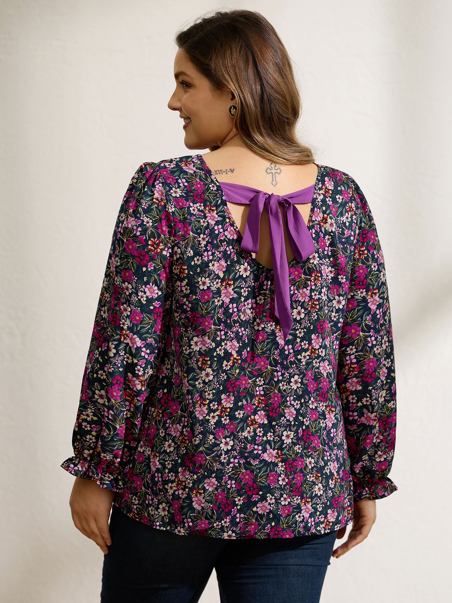 Floral Print Back Bowknot Blouse