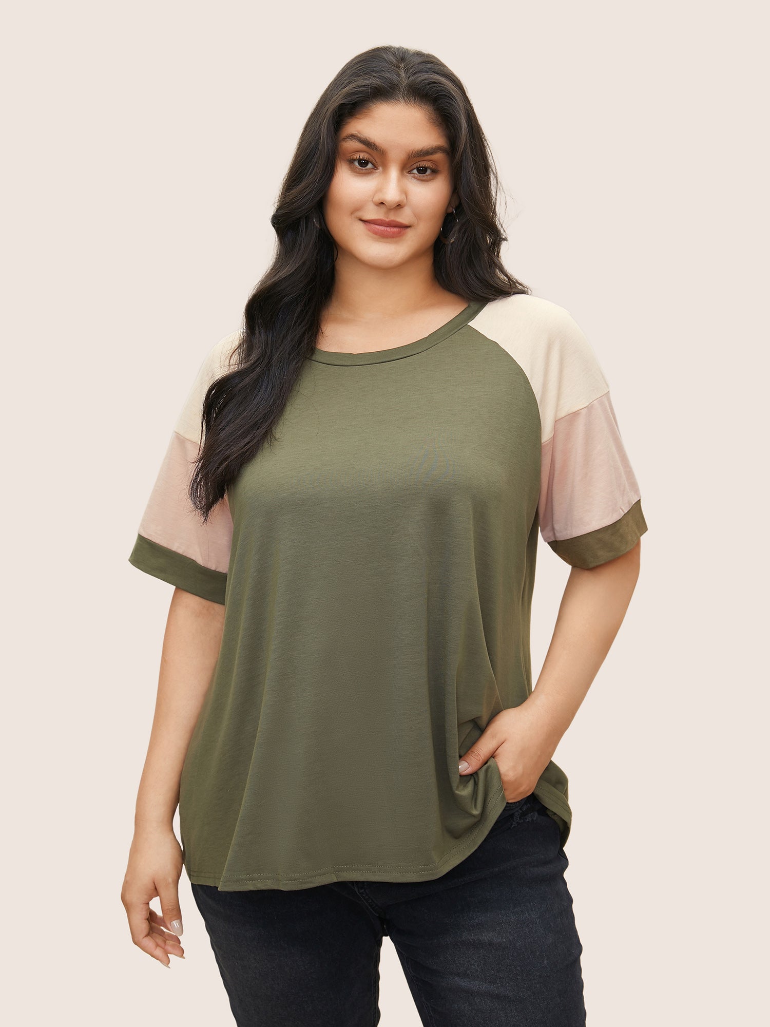 Color Block Ruffle Trim Slim Crew Neck Long Sleeve Tee main image 1