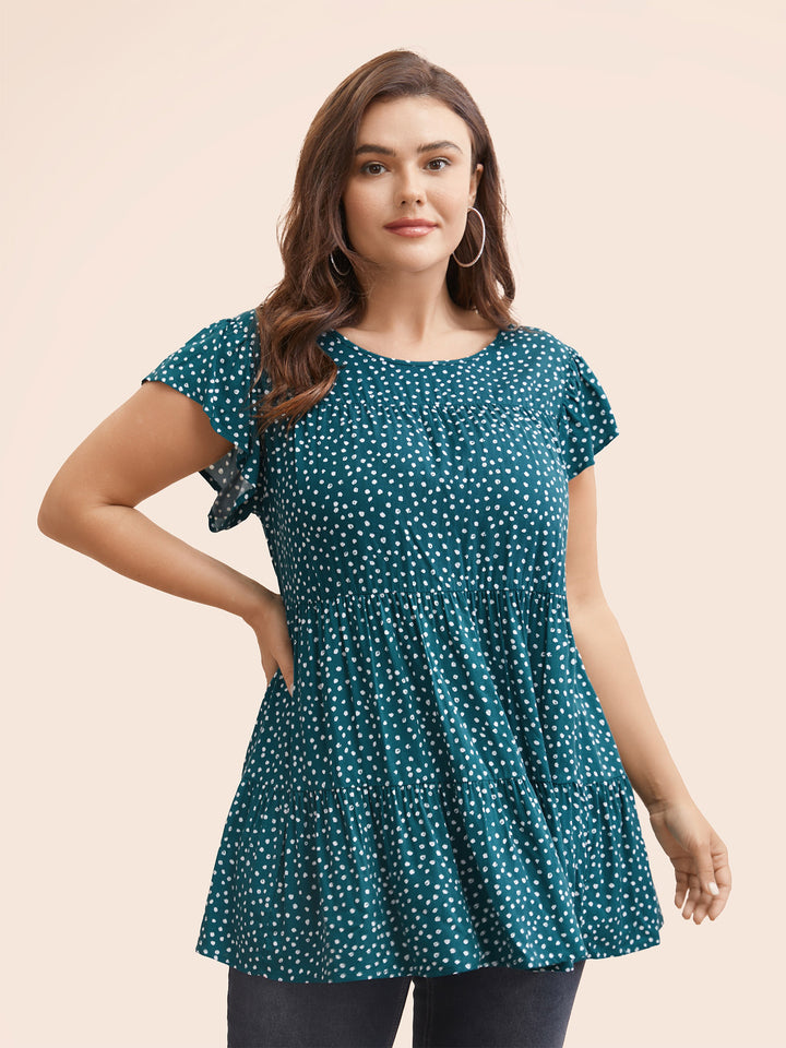 Allover Print Cap Sleeve Ruffle Hem Gathered Blouse – BloomChic 