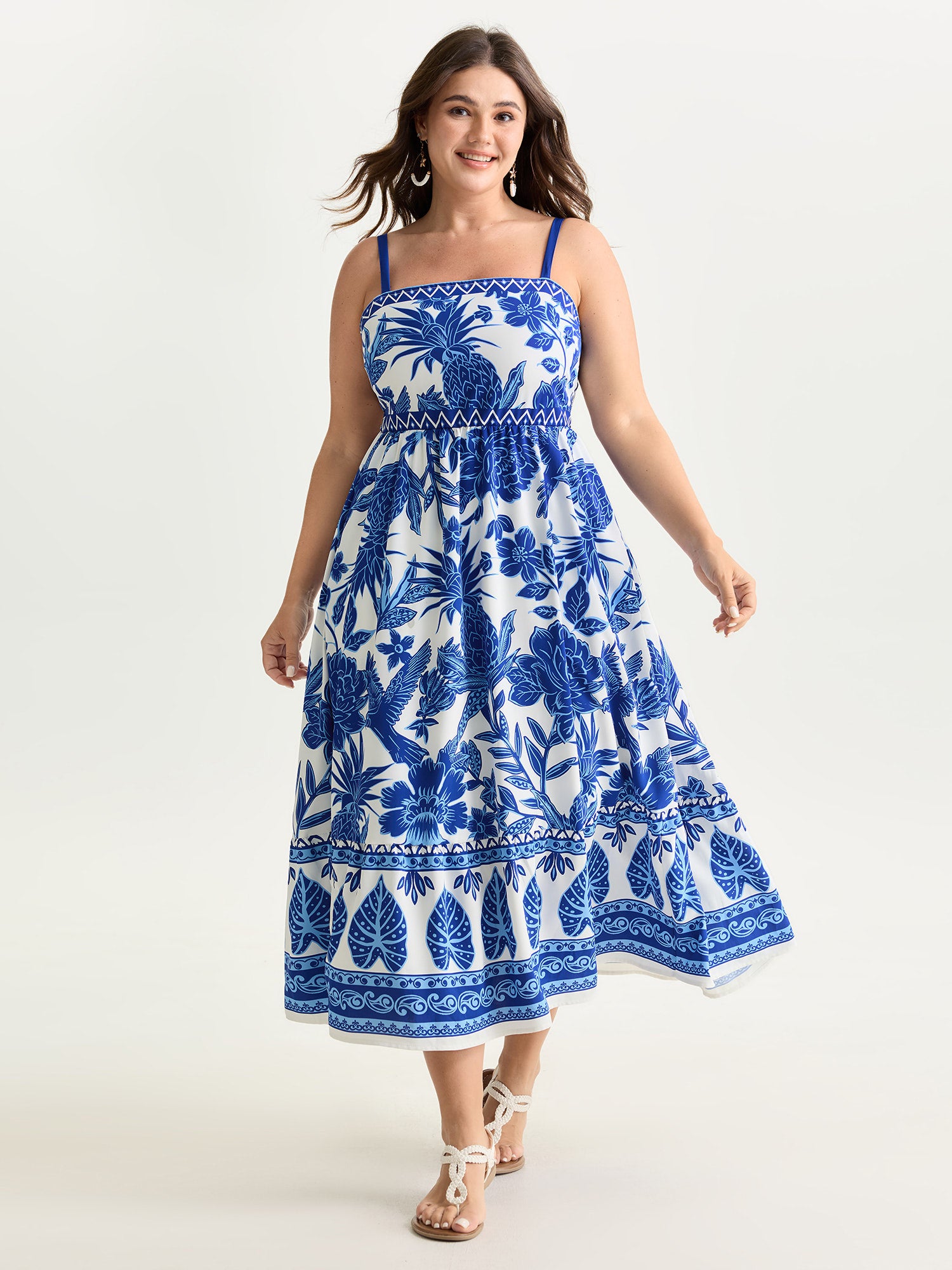 Tropical Print Shirred Waist Flowy Midi Dress BloomChic Tropical Print Shirred Waist Flowy Midi Dress BloomChic