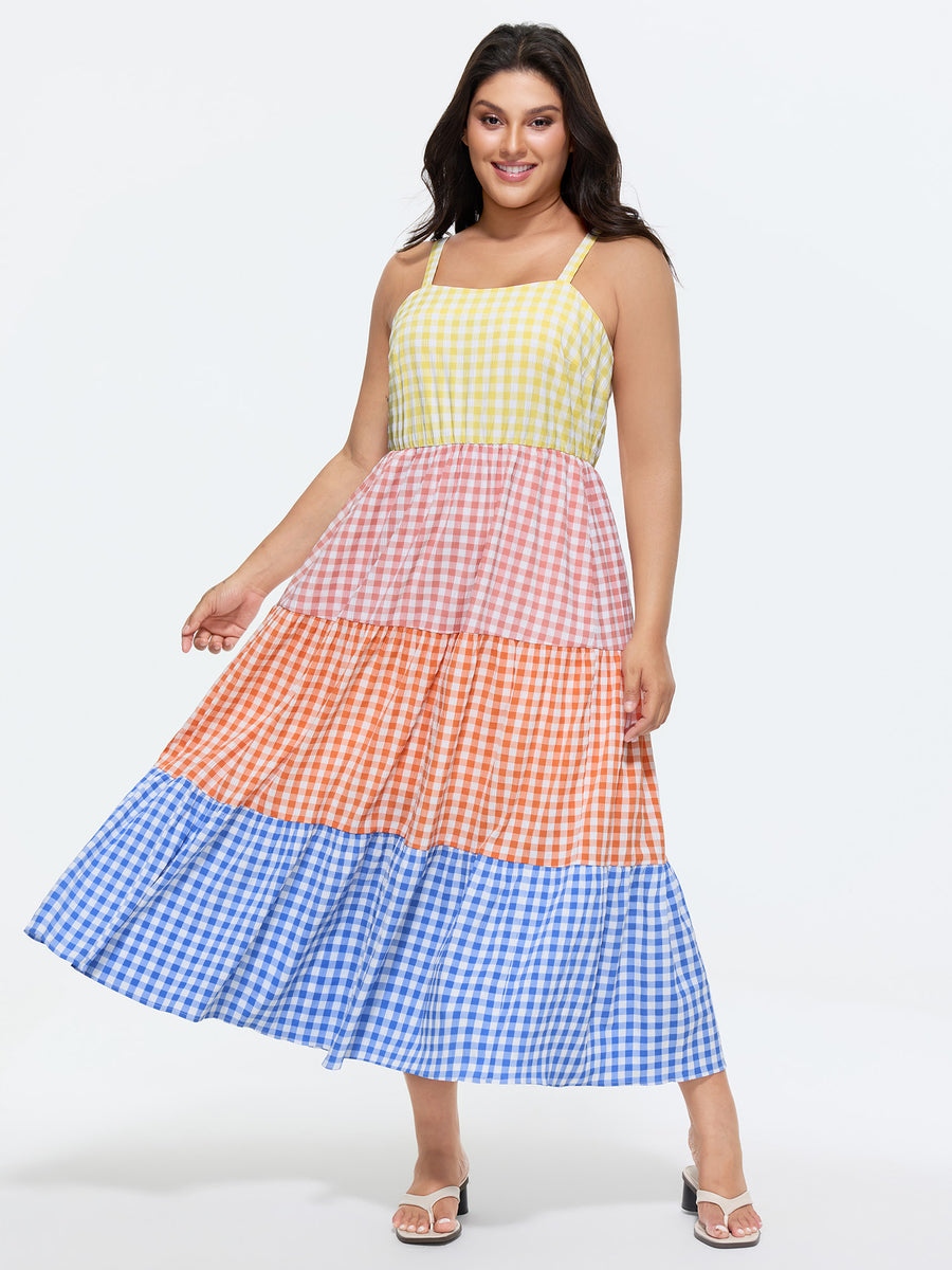 maxi bloomchic dresses BloomChic Women's Plus Size Colorblock Gingham Print Tiered Maxi Dress Multicolor Plaid Maxi Casual Colorblock 12/L