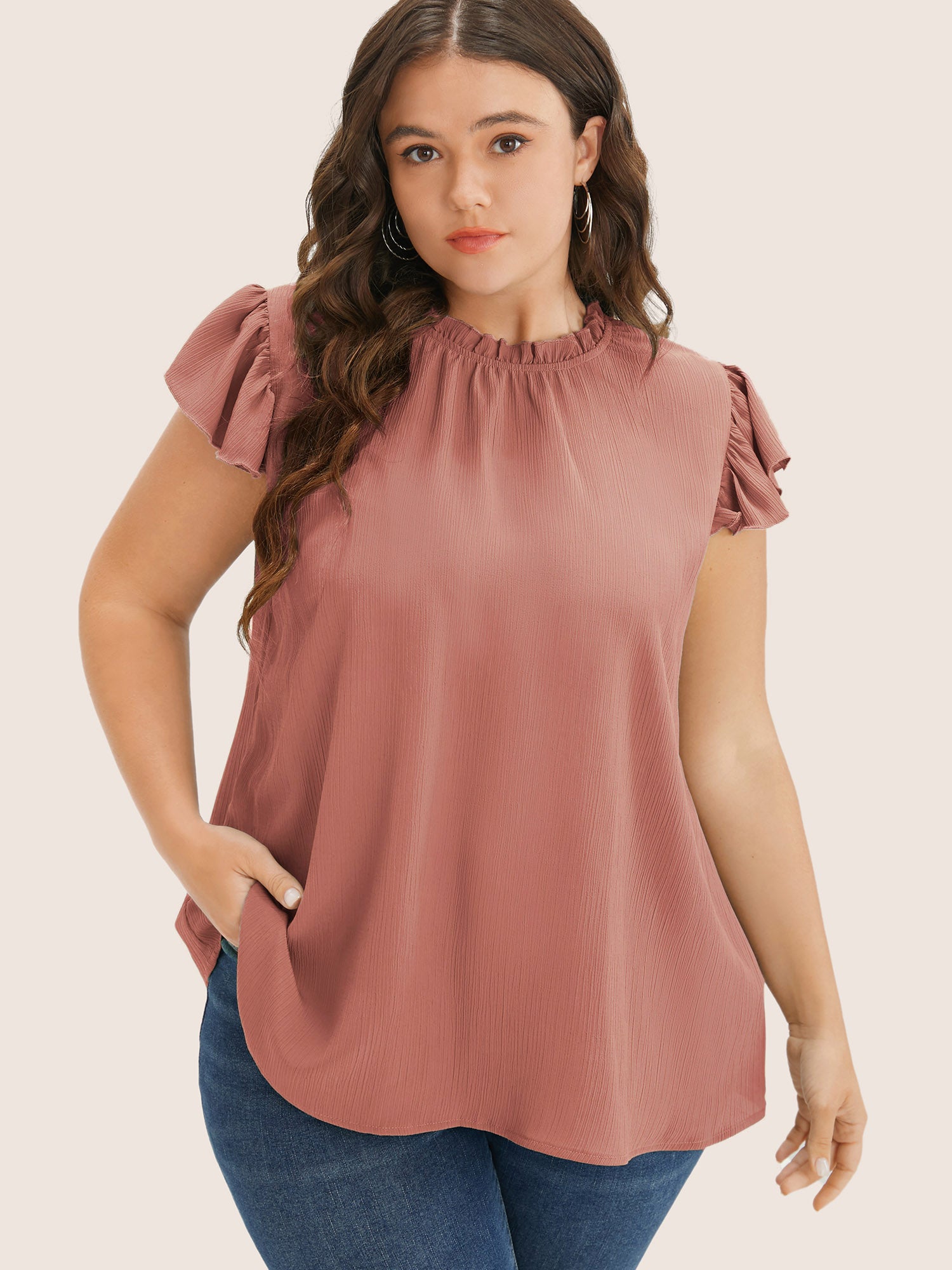 Ruffled Mock Neck Cap Sleeve Blouse