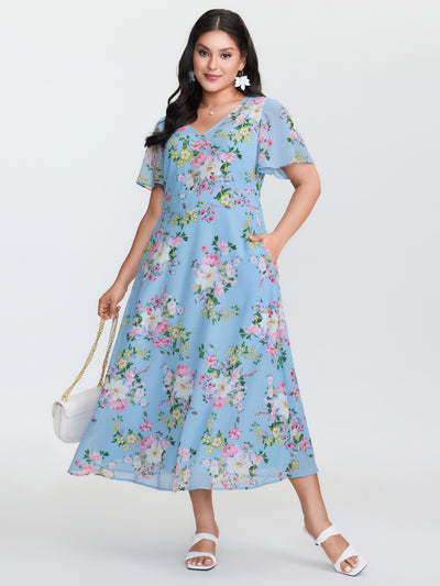 sachin and babi light blue dress Women's All over Print Long Sleeve Dress, Casual Slim Fit Midi Dress, Elegant  Floral Pattern, Perfect for Spring & Fall