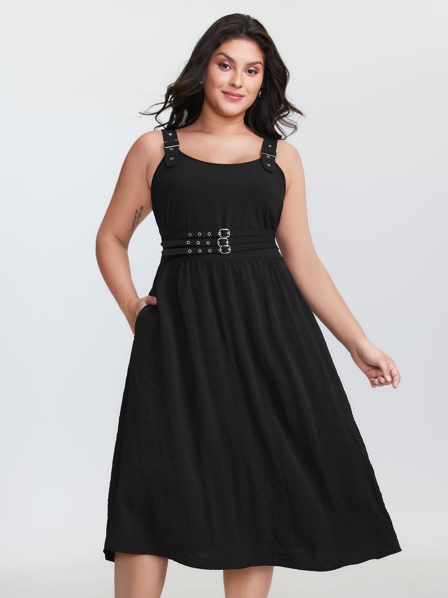 wide strap dress midi Wide Straps Belted Buckle Detail Midi Dress – BloomChic