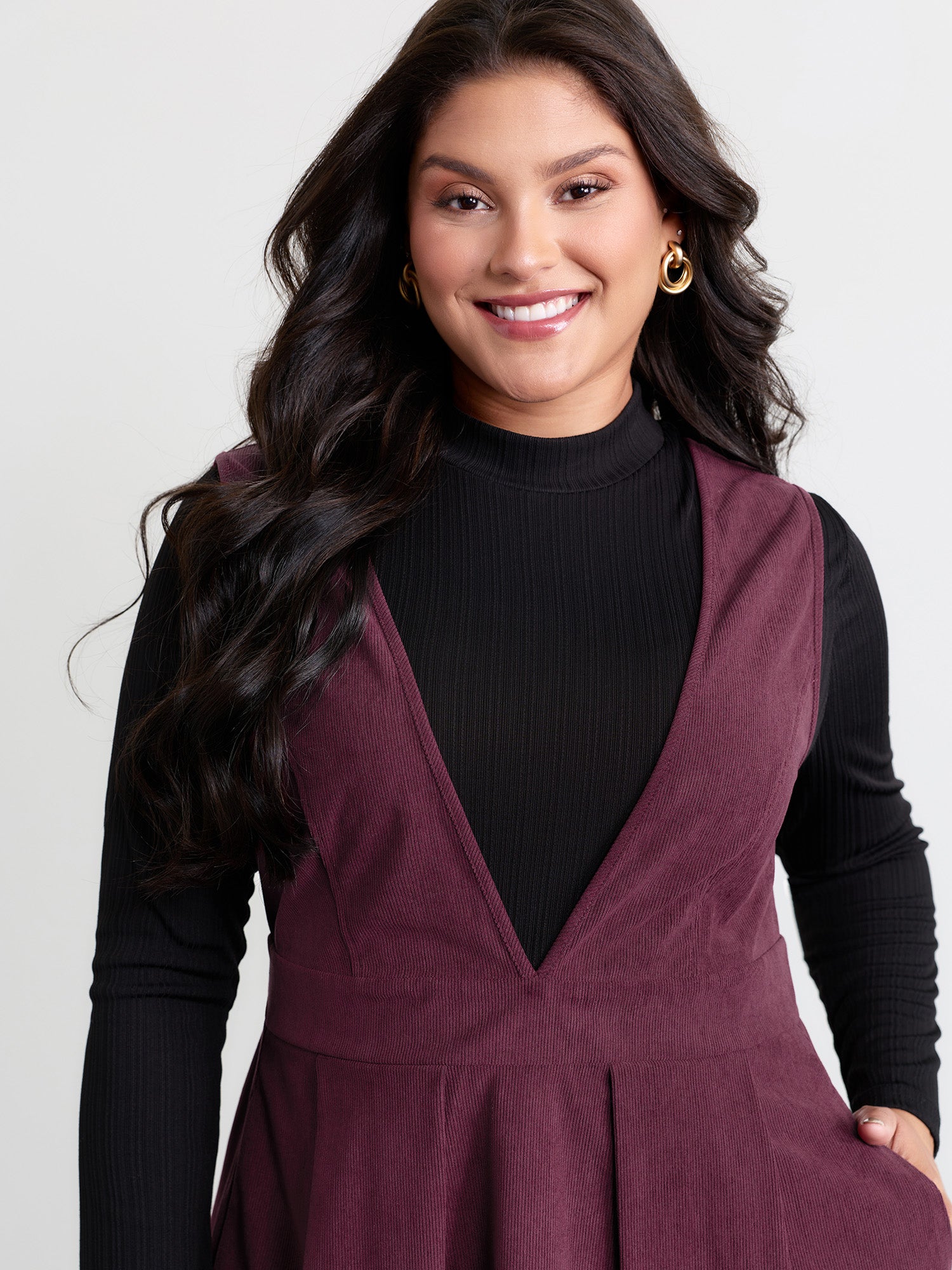 Corduroy Stretchy Waist V-Neck Midi Dress