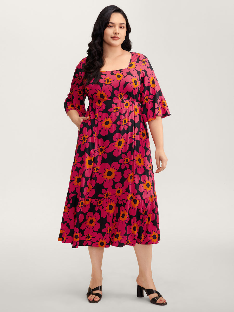 BloomChic Women's Plus Size Floral Print Square Neck Pockets Maxi Dress Multicolor Floral Midi Elegant 22-24/3X