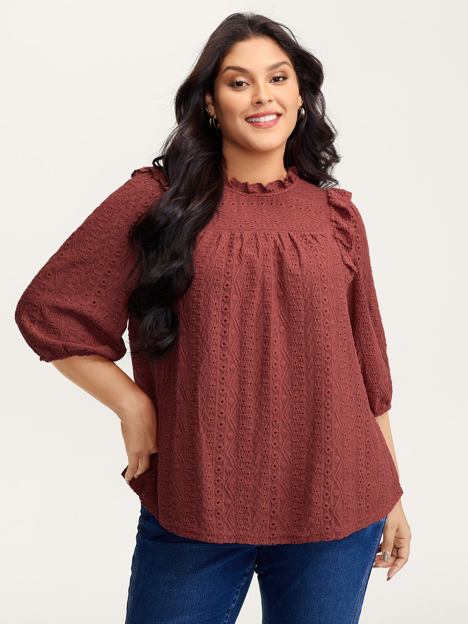 Textured Ruffled Neck Pleated Blouse