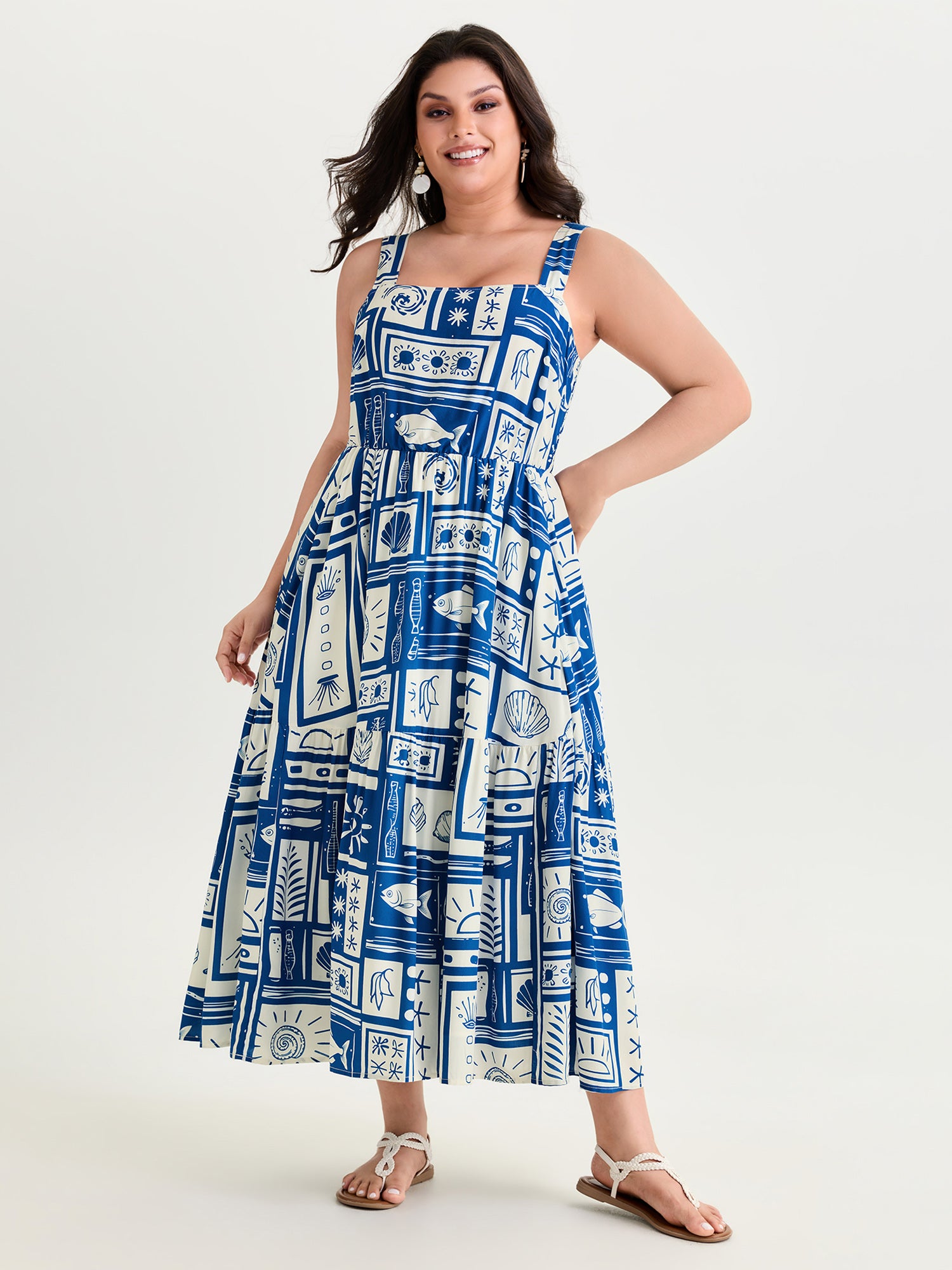 BloomChic Women's Plus Size Nautical Print Shirred Tiered Adjustable Straps Midi Dress Skyblue Marine Elements Maxi Vacation Smocked 26/4X