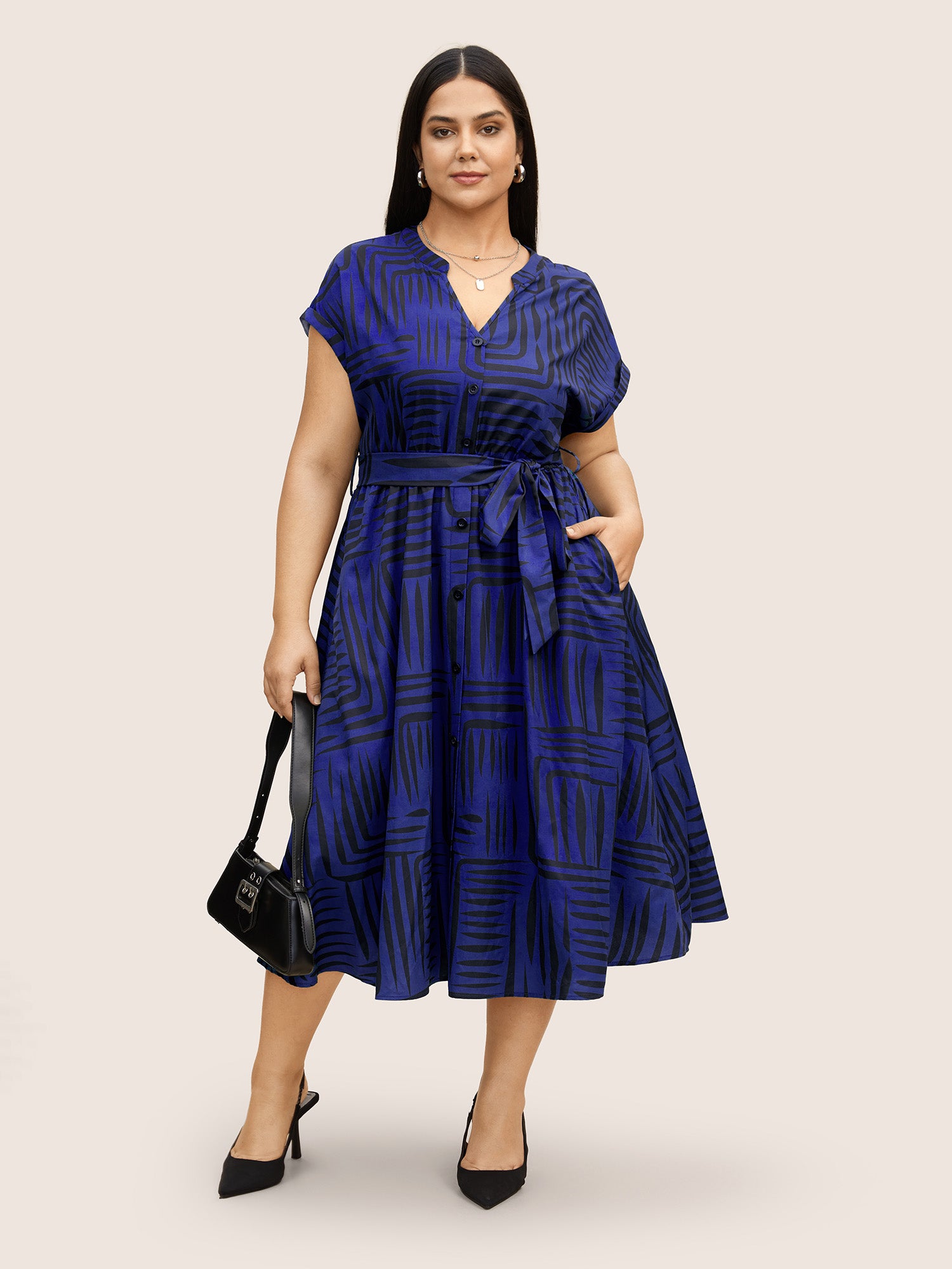 Geometric Patch Puff Sleeve Dress main image 0