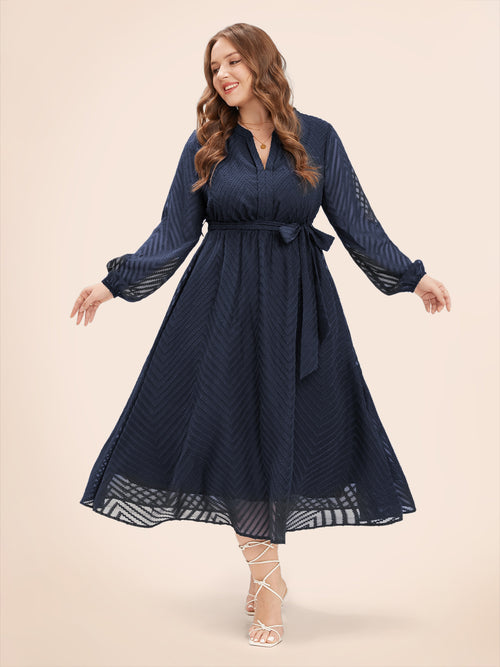 Solid Geometric Pocket Mesh Lantern Sleeve Belted Dress main image 0