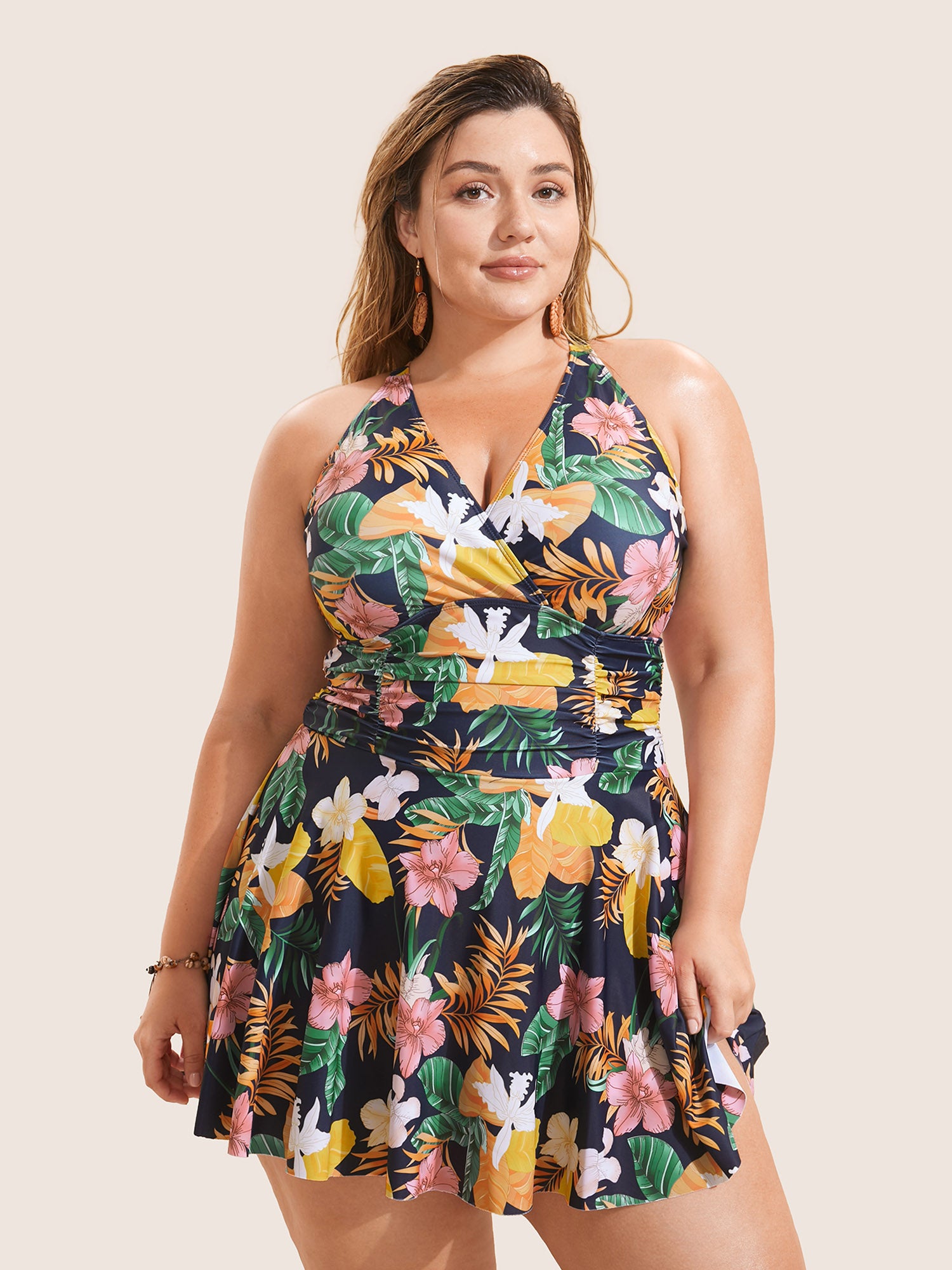 Plus Size Swim Dresses | Tropical Adjustable Straps Ruched Swim Dress ...