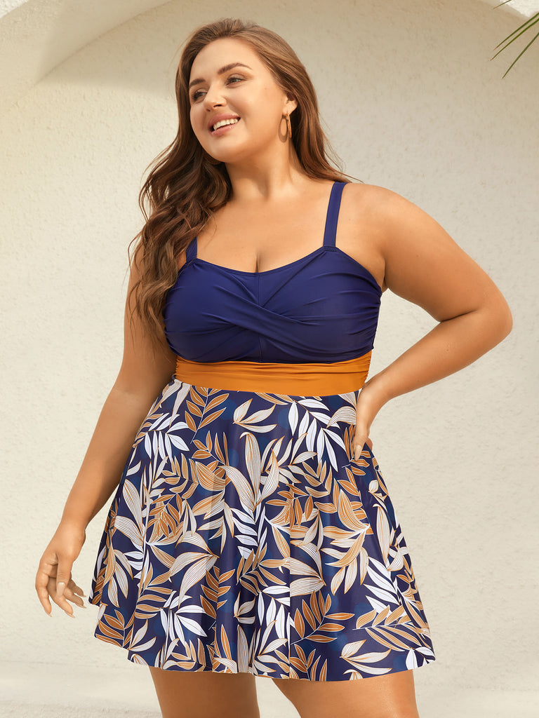 Tropical Flower Color Block Swim Dress