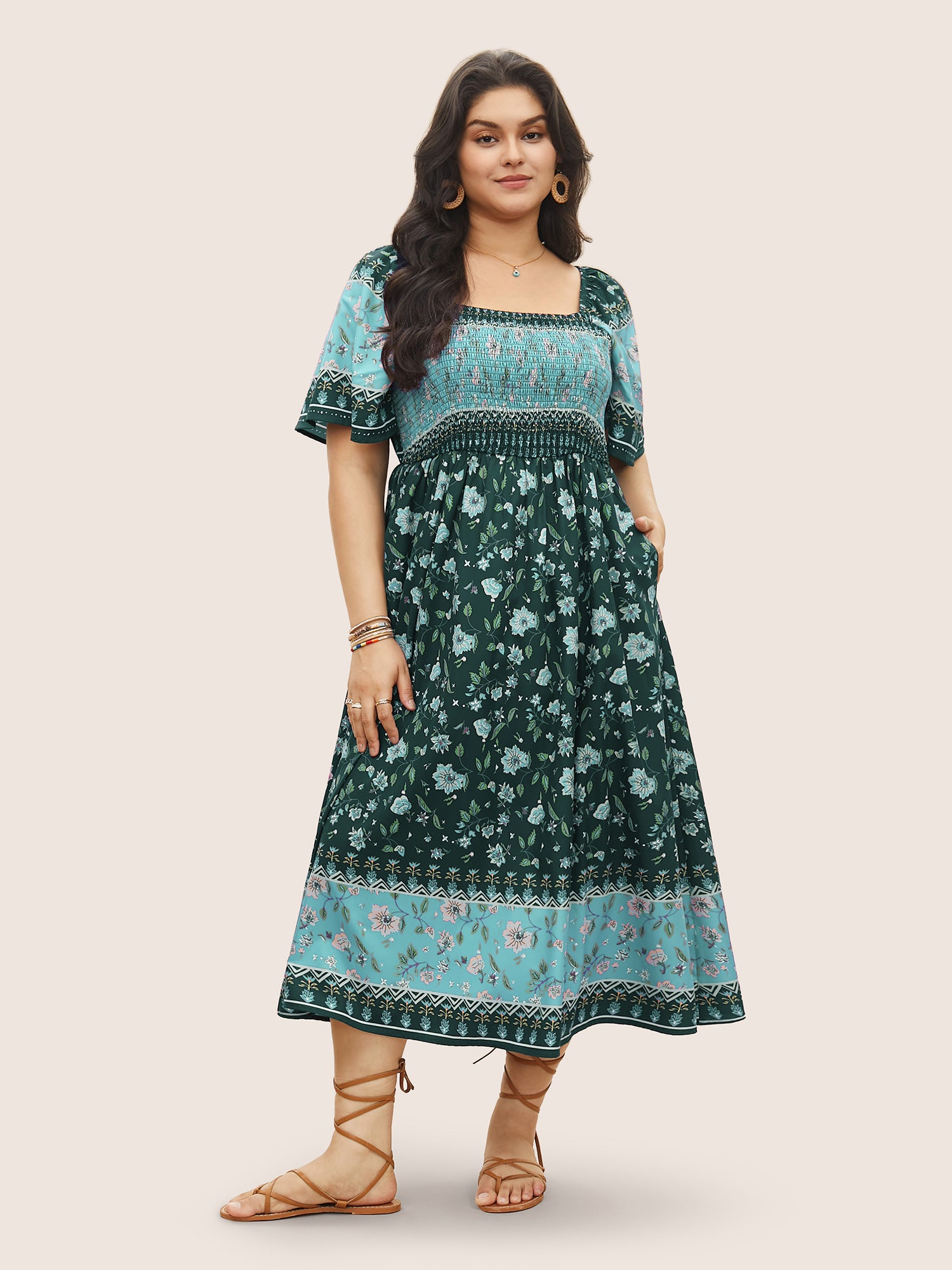 Ditsy Floral Shirred Patchwork Ruffle Sleeve Dress Bloomchic