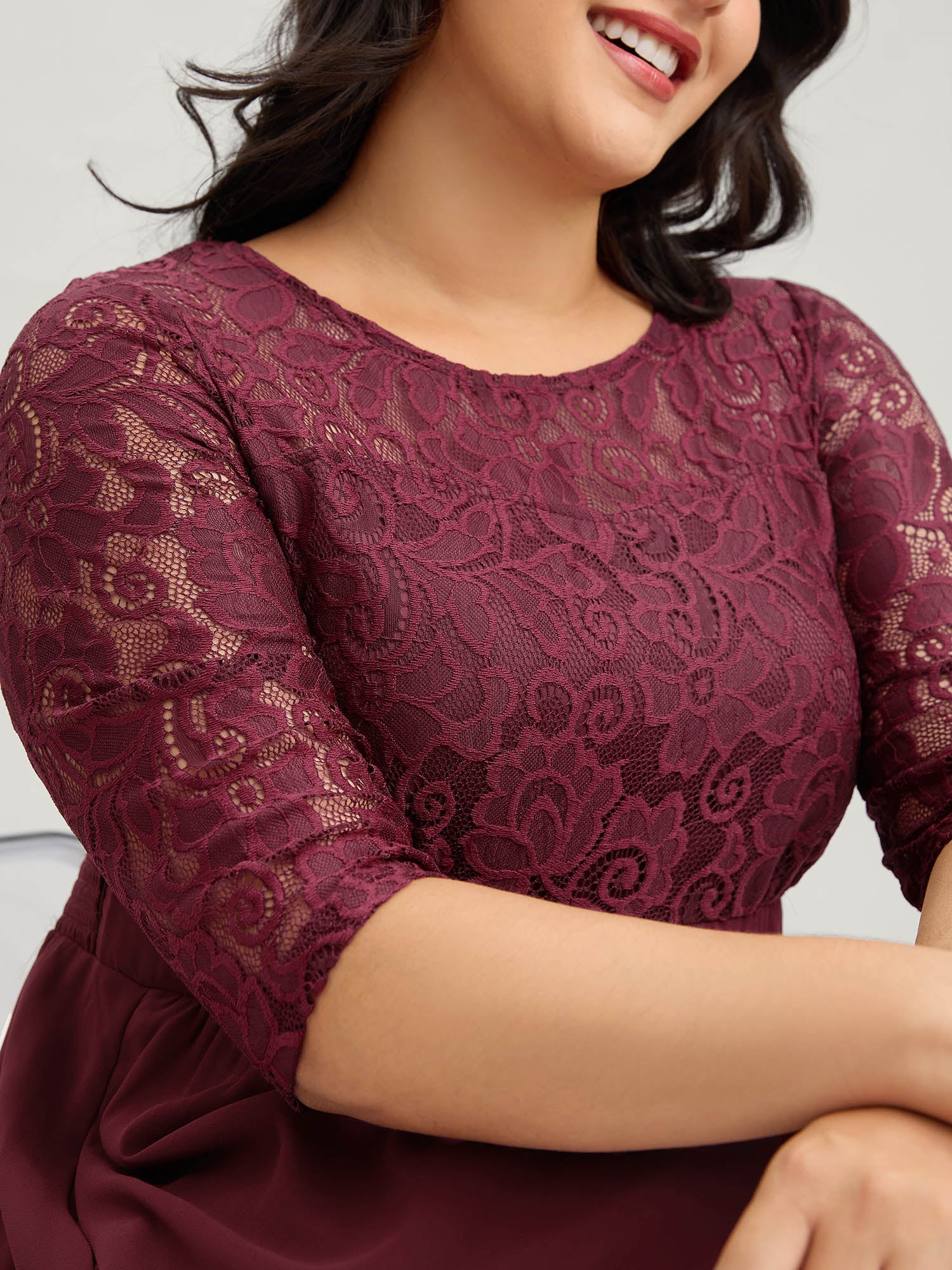 Lace Patchwork Shirred Midi Pocket Dress