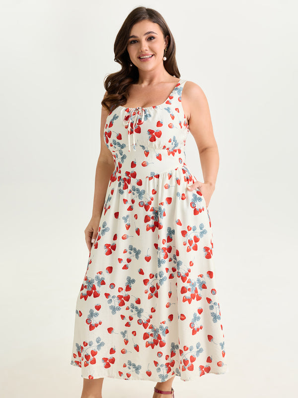 BloomChic Women's Plus Size Strawberry Print Cinched-Waist Midi Dress Originalwhite Maxi Elegant Smocked 30/6X