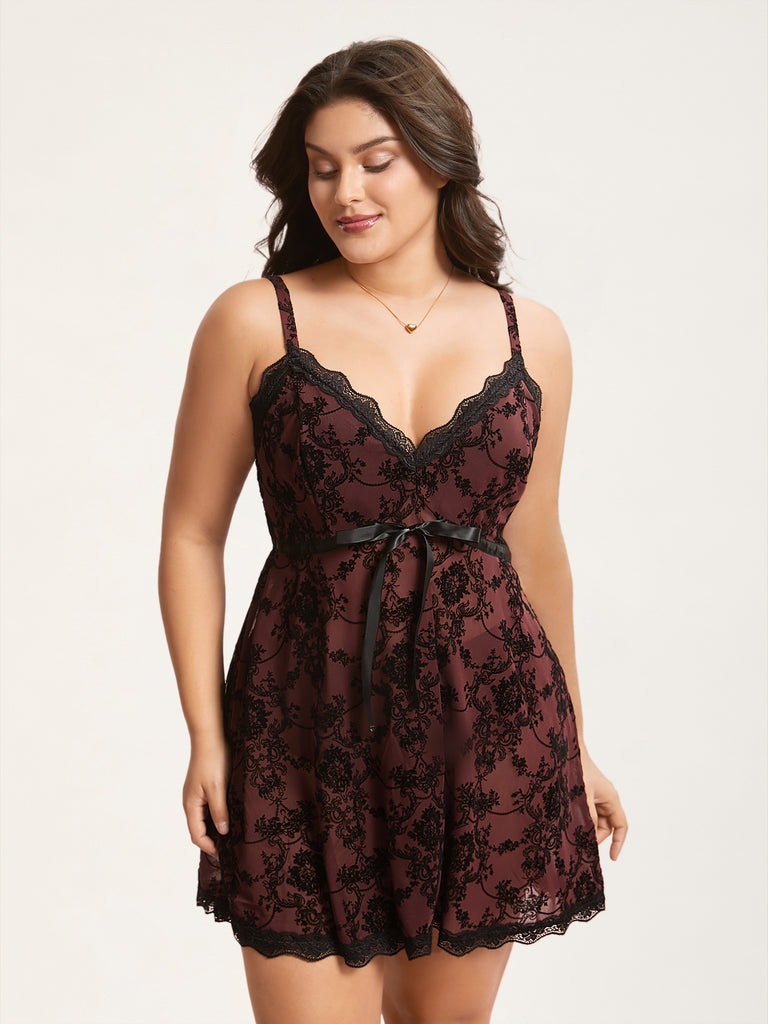 Sheer Floral Lace Patchwork Tie Sleep Dress