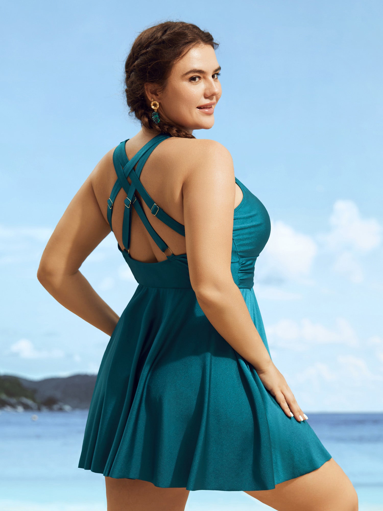 BloomChic Women's Plus Size Halter Back Crisscross Pleated Swim Dress Cyan Non Gathered Adaptive-Fit 10/M