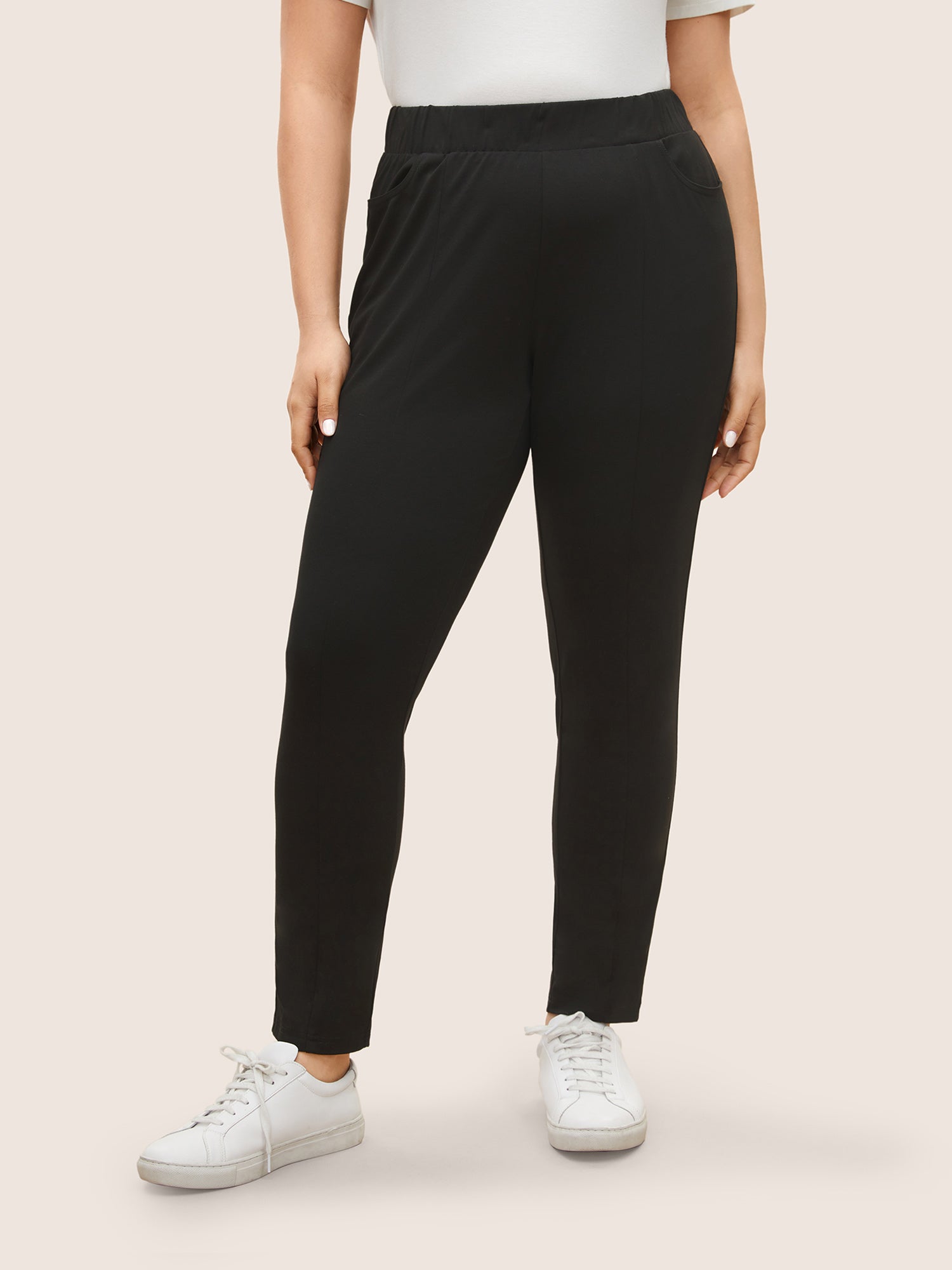 BloomChic Women's Plus Size Plain Elastic Waist High Rise Slim Pants Black Solid Skinny Fit Mid Rise Casual 22-24/3X BloomChic Women's Plus Size Plain Elastic Waist High Rise Slim Pants Black Solid Skinny Fit Mid Rise Casual 22-24/3X