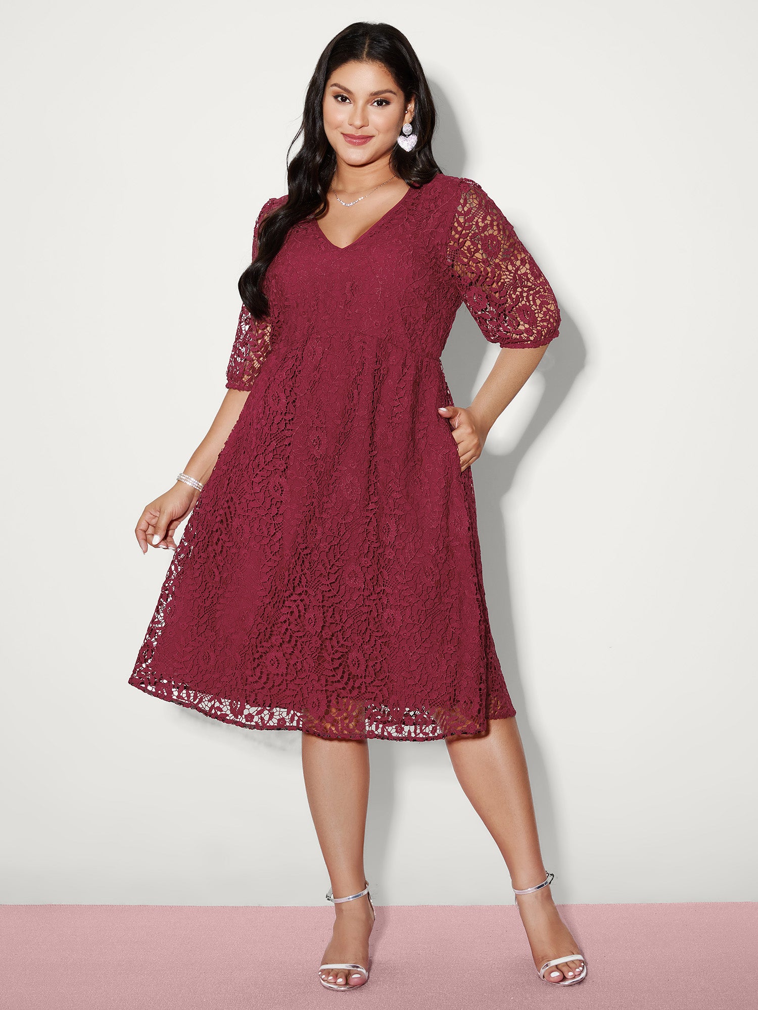 puff sleeve lace trim midi dress BloomChic Women's Plus Size Romantic Scarlet Solid Midi Party Mesh Panel 18-20/2X Color:Mocha(Wheat) Marlowe Satin + Velvet whether you are on Off-Shoulders