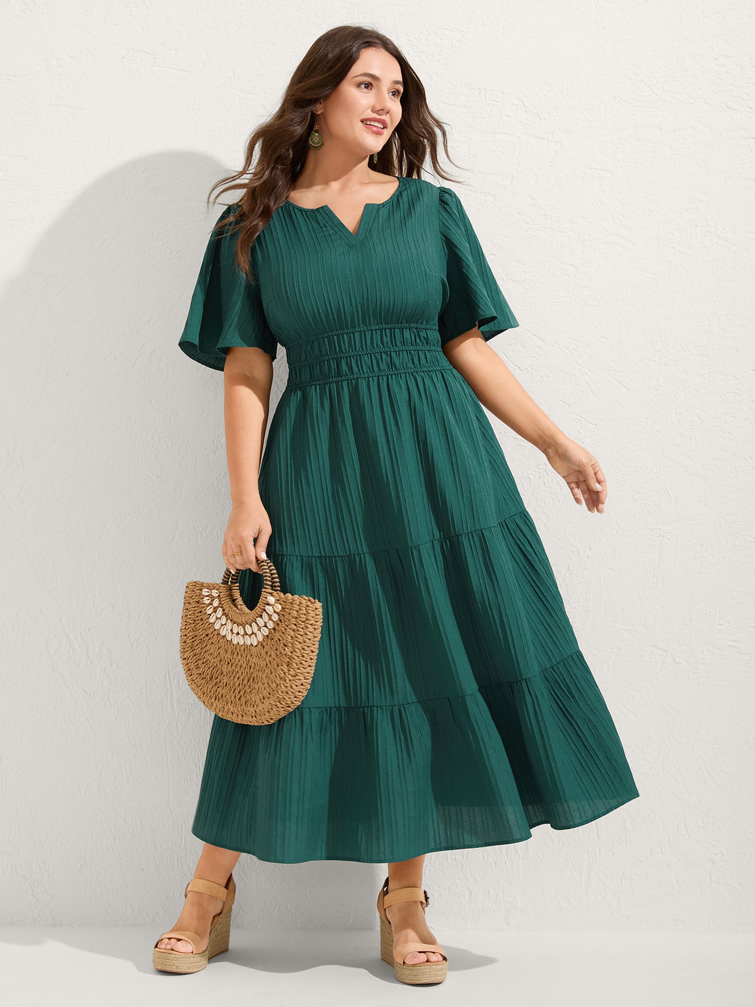BloomChic Women's Plus Size Textured Shirred Cinched Waist Maxi Dress Teal Solid Maxi Vacation Smocked 28/5X