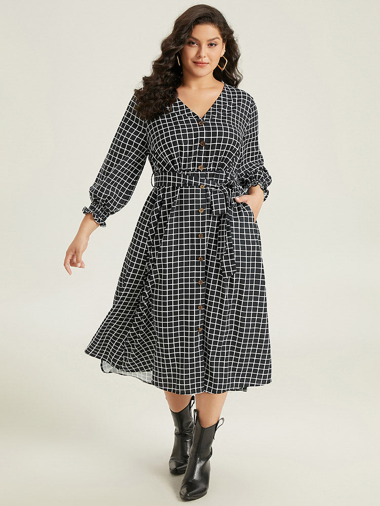 Abby Long Sleeve Gingham Print Button Embellished Mini Dress