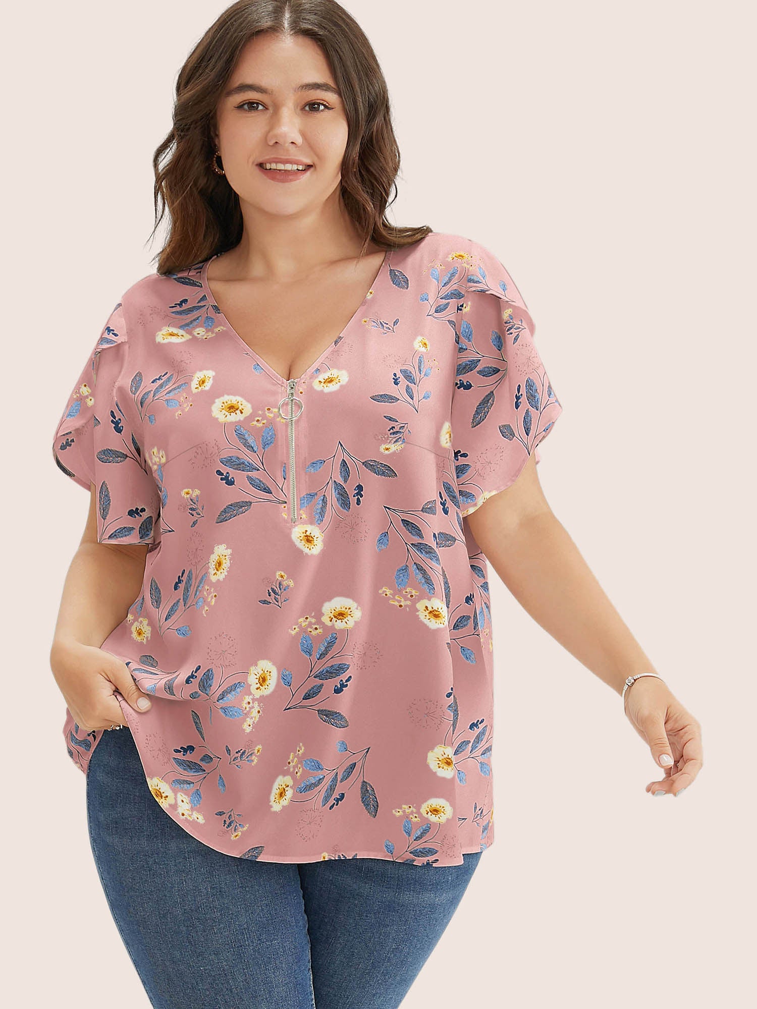 Floral O Ring Zipper Split Petal Sleeve Blouse BloomChic