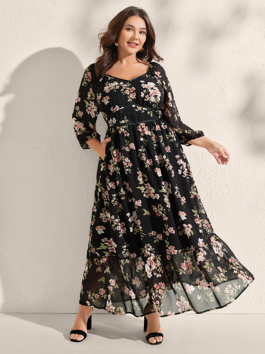 BloomChic Women's Plus Size Chiffon Floral Triangular Waist Cinched Maxi Dress Black Floral Maxi Elegant Woven ribbon&lace trim 10/M