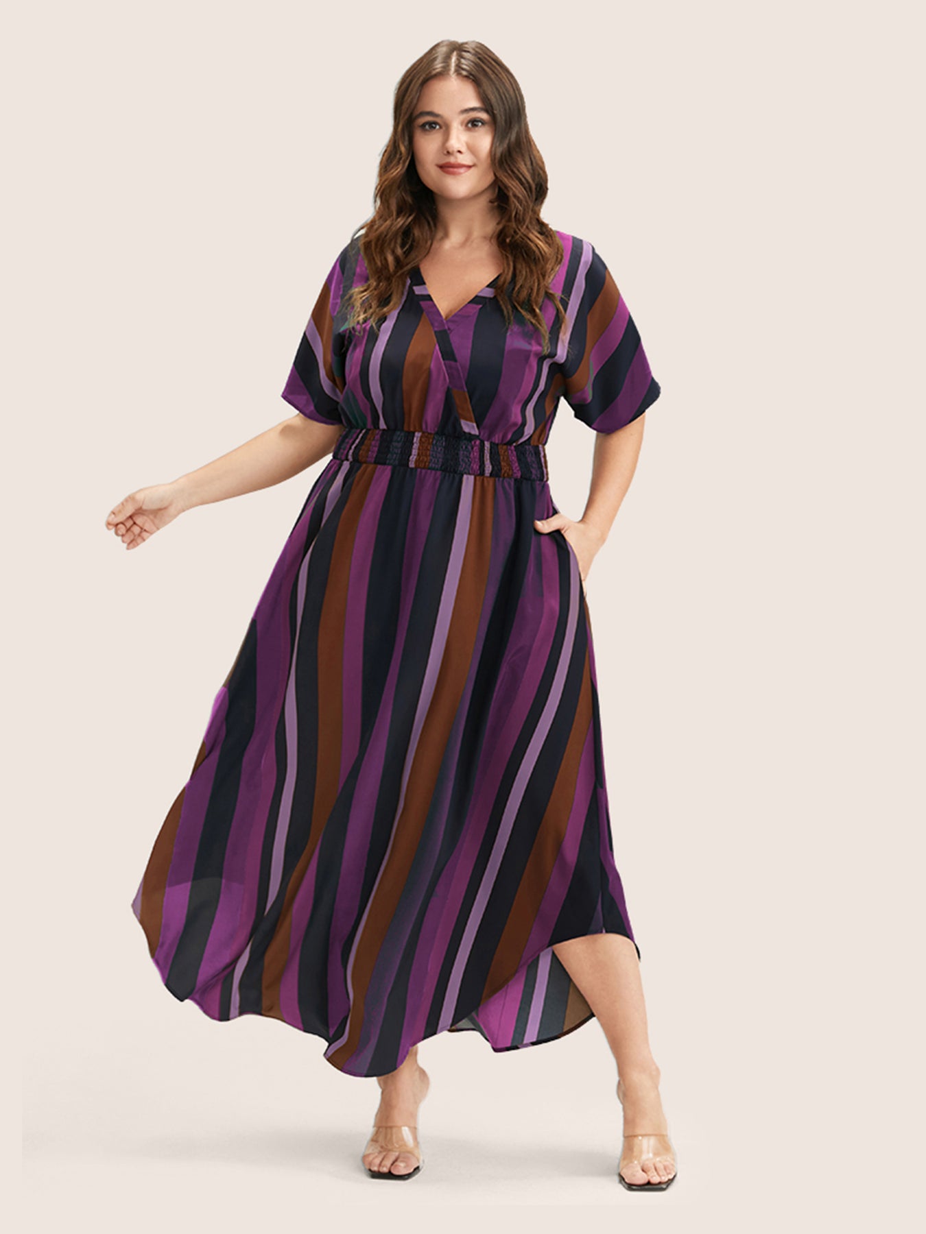 Striped Dolman Sleeve Pocket Shirred Flutter Wrap Dress