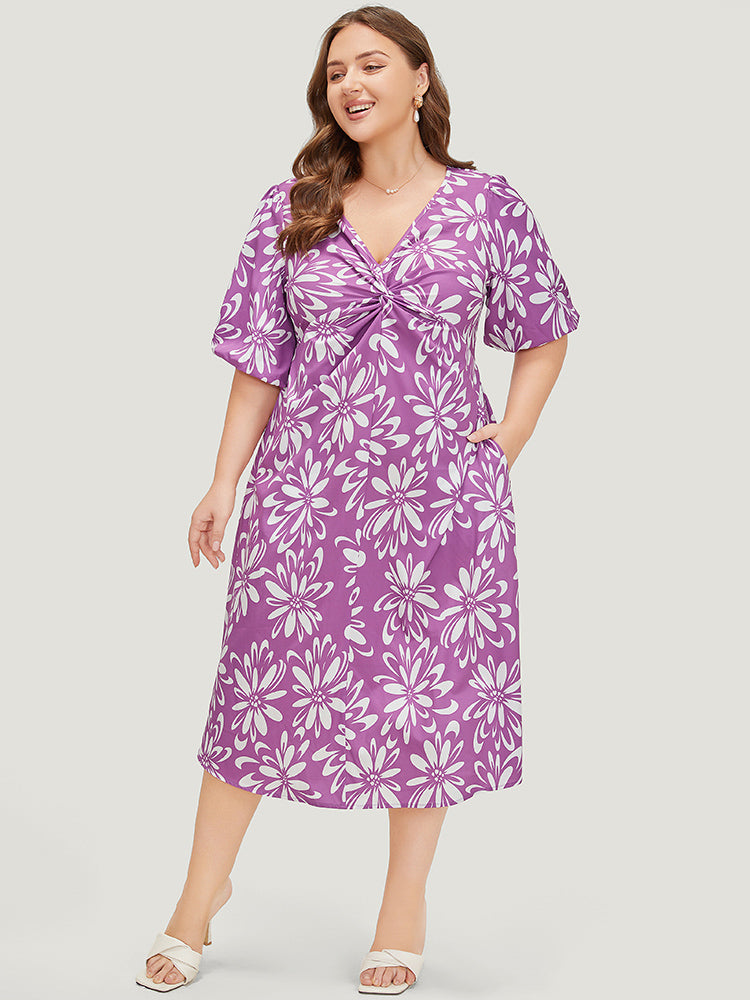 Floral Print Puff Sleeve Pocket Twist Front Dress – BloomChic