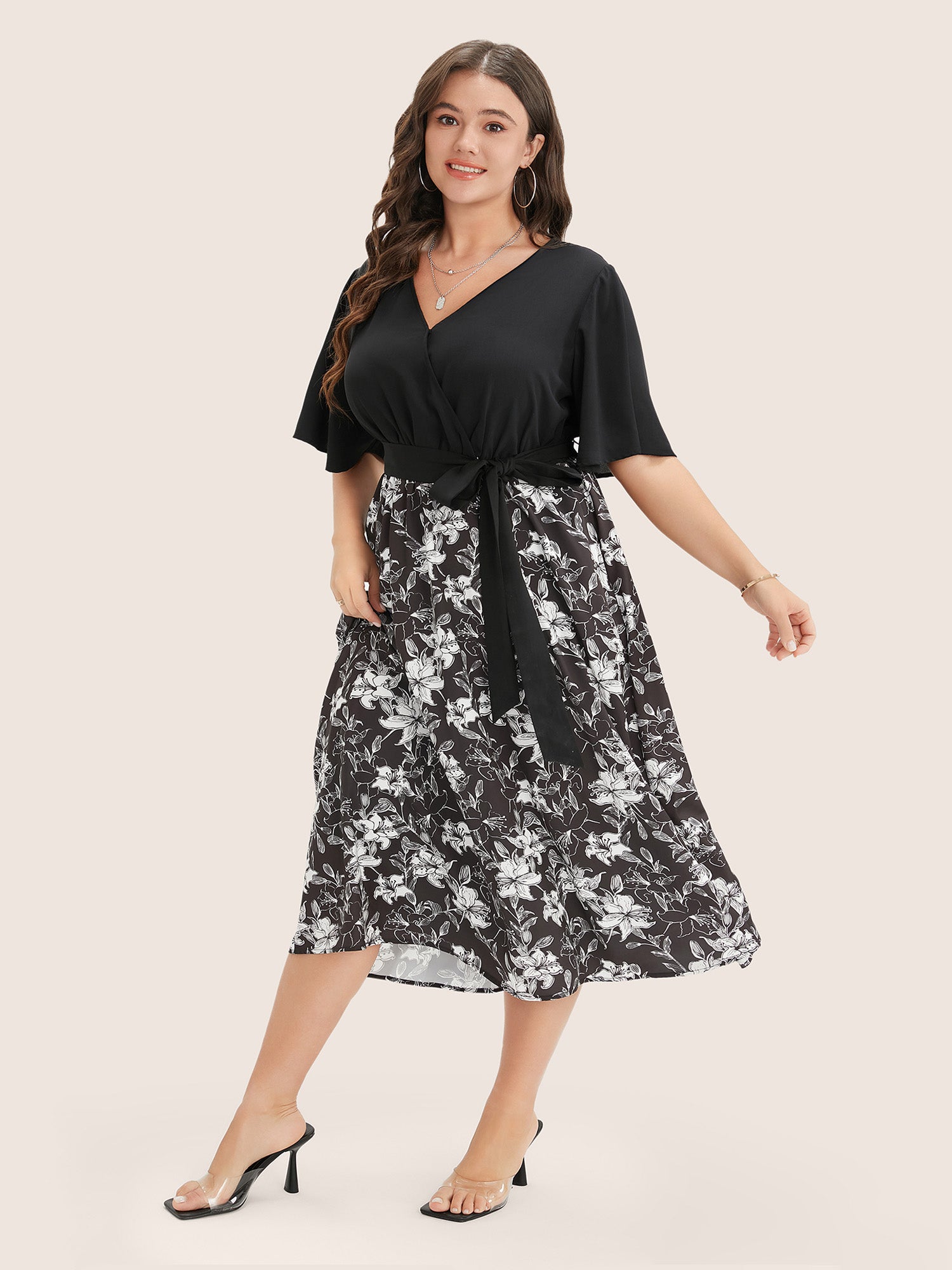 Plus Size Dresses | Floral Patchwork Pocket Belt Surplice Neck Ruffle ...
