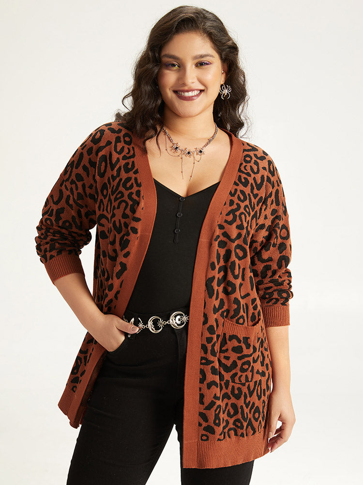 Halloween Leopard Print Patched Pocket Split Side Cardigan BloomChic