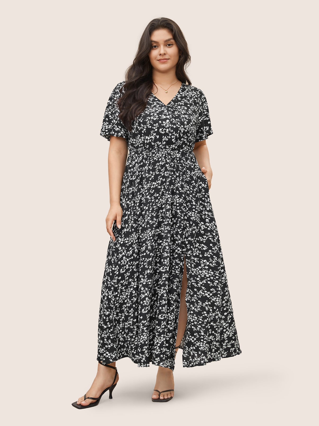 Plus Size Dresses, Bloom Dress - Flutter Sleeve Ditsy Floral Pocket Split  Maxi Dress