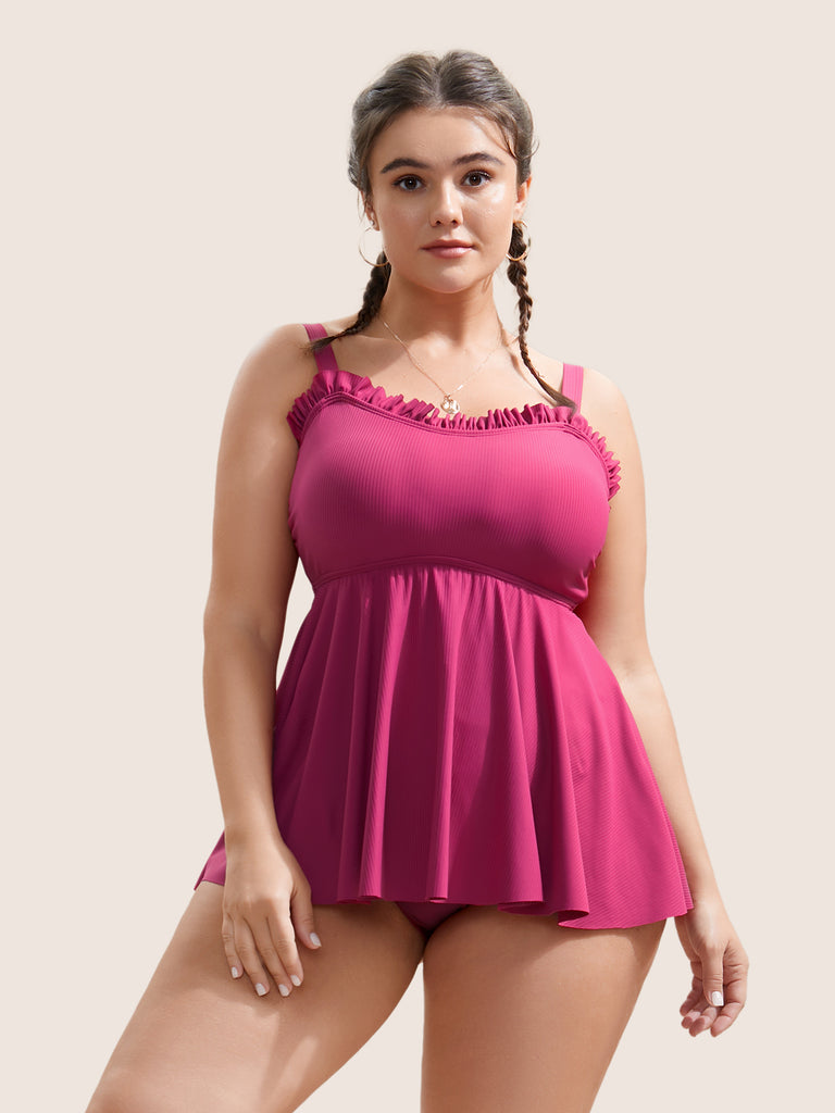 Solid Frill Trim Adjustable Straps Swim Top