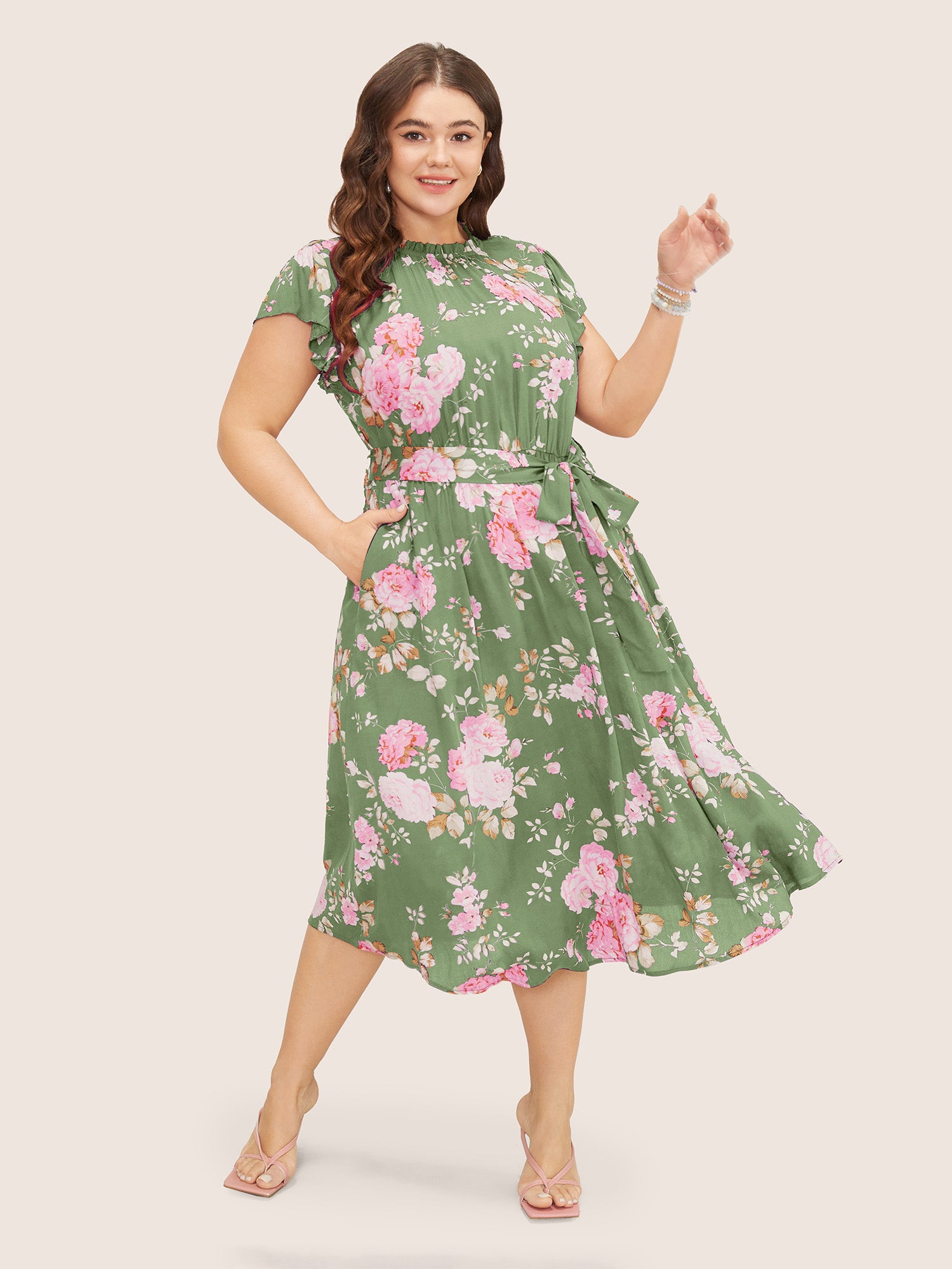 Mock Neck Gathered Sleeve Ruffle Dress main image 0