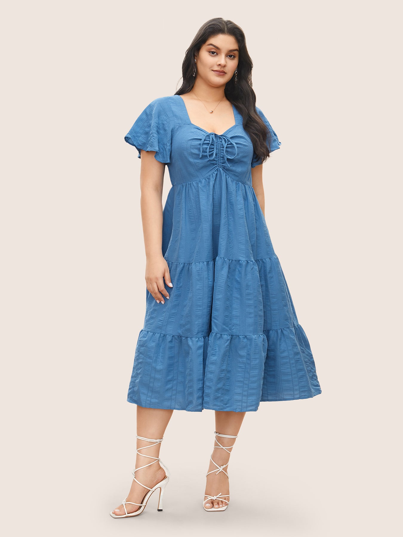 Plain Ruched Drawstring Pocket Ruffle Tiered Dress – BloomChic