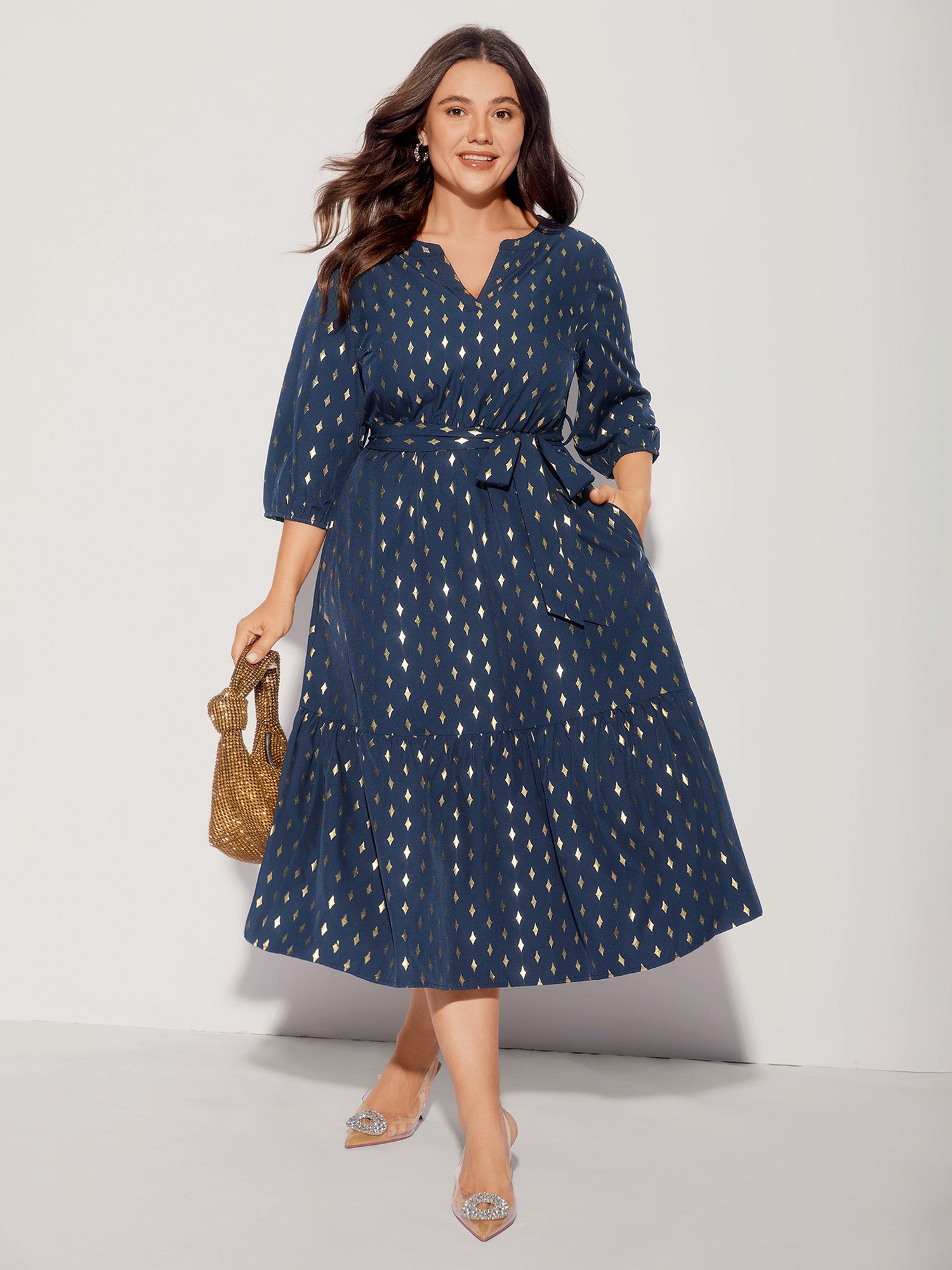 BloomChic Women's Plus Size Glitter Notched Lantern Sleeve Midi Dress Indigo Blue Foil Print Midi Party Ruched 30/6X BloomChic Women's Plus Size Glitter Notched Lantern Sleeve Midi Dress Indigo Blue Foil Print Midi Party Ruched 30/6X