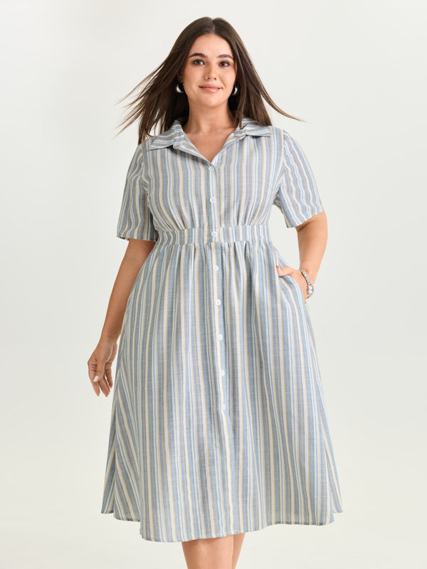BloomChic Women's Plus Size Cotton Linen Blend Striped Print Midi Dress LightBlue Stripes Midi Office Button Front 28/5X