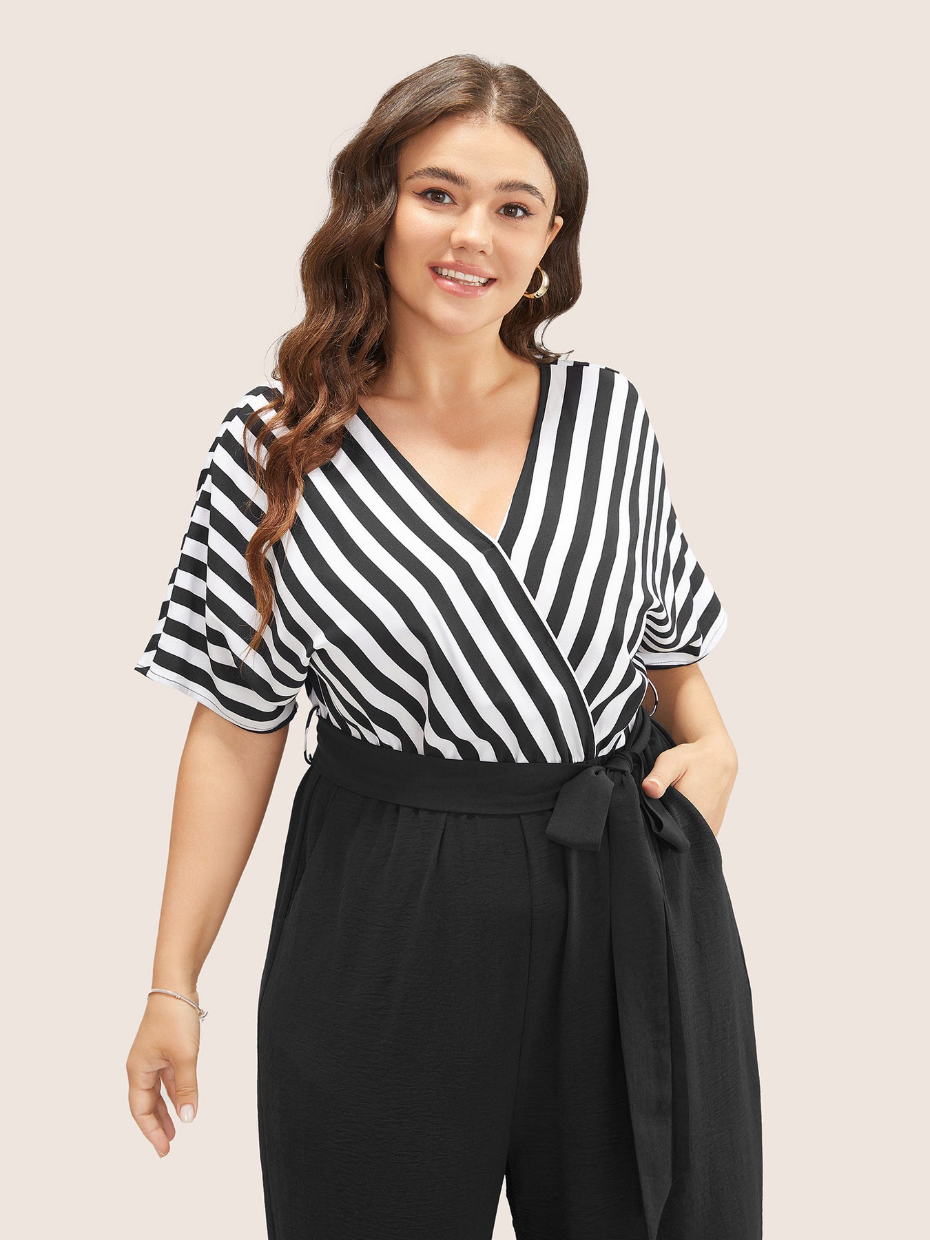 Striped Patchwork Pocket Batwing Sleeve Belted Wrap Jumpsuit – BloomChic