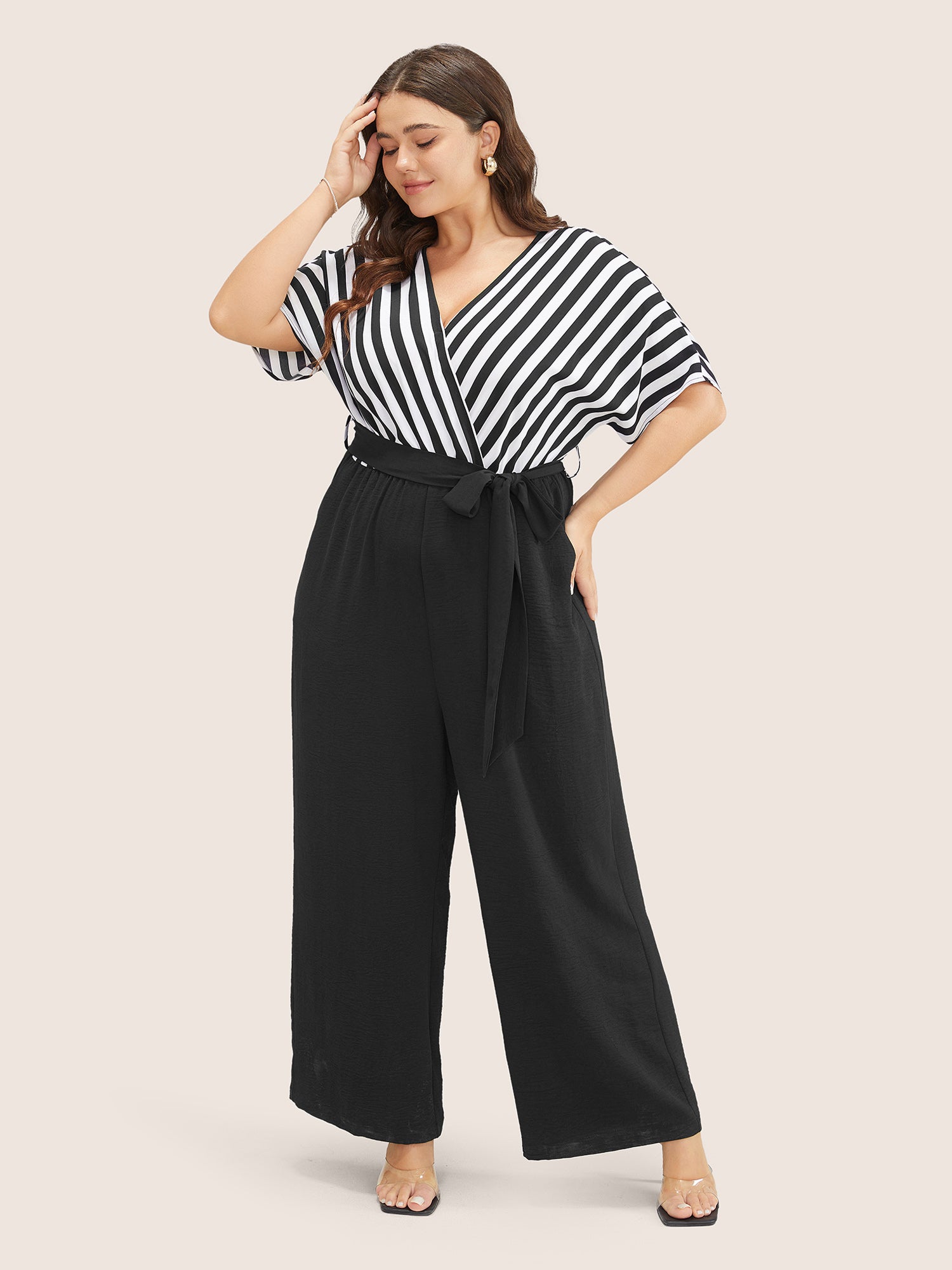 Striped Patchwork Pocket Batwing Sleeve Belted Wrap Jumpsuit – BloomChic