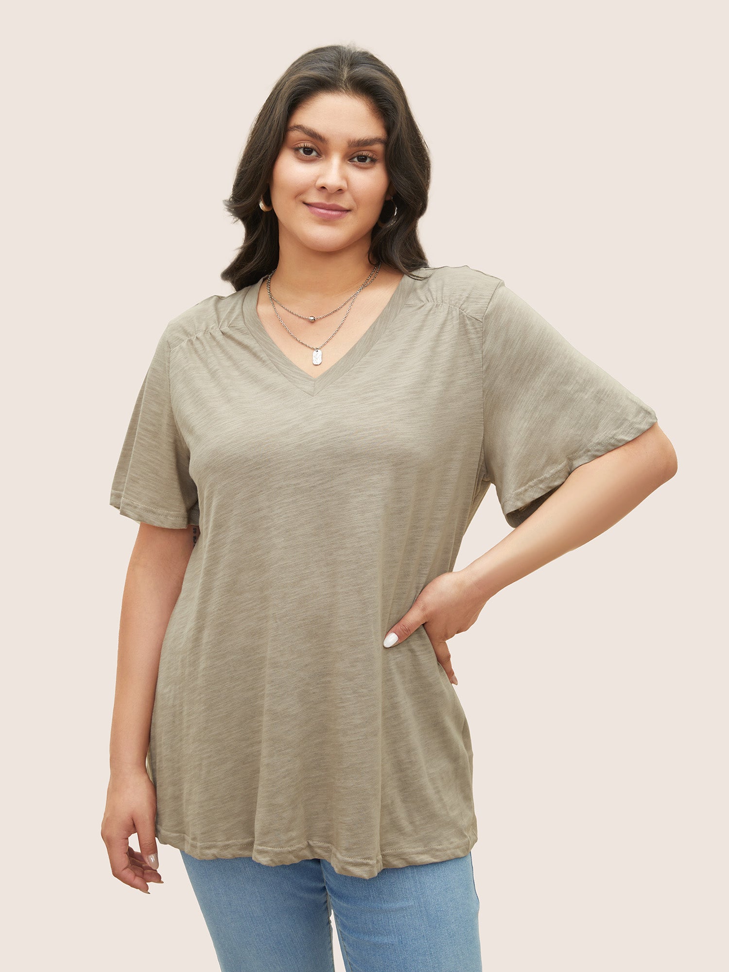 Plain Ruffle Sleeve Heather V Neck T-shirt – BloomChic